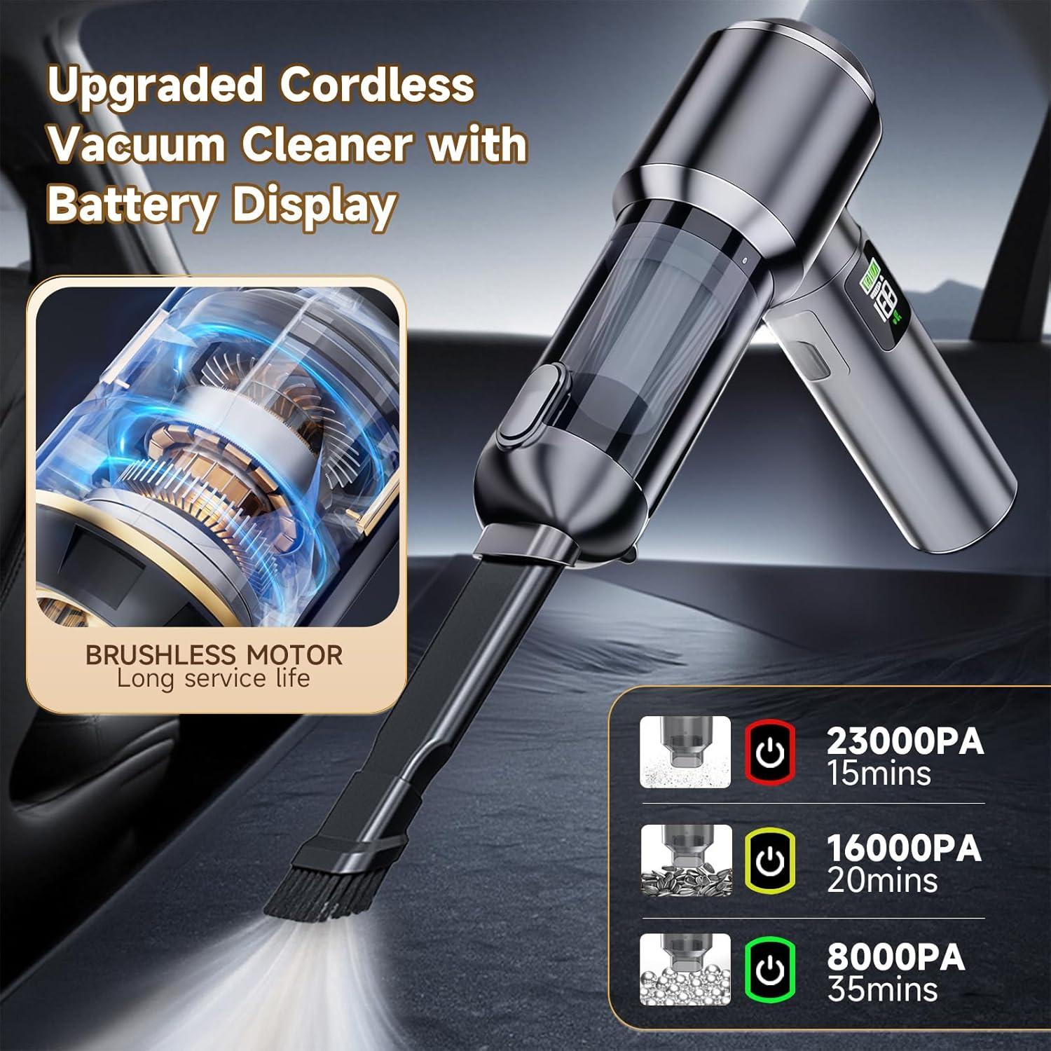 Car Vacuum Cleaner Cordless,23000Pa High Power Mini Vacuum Cleaner,Rechargeable Handheld Vacuum Cleaner,Car Hoovers for Pet Hair, Home, Office, Kitchen image number 5