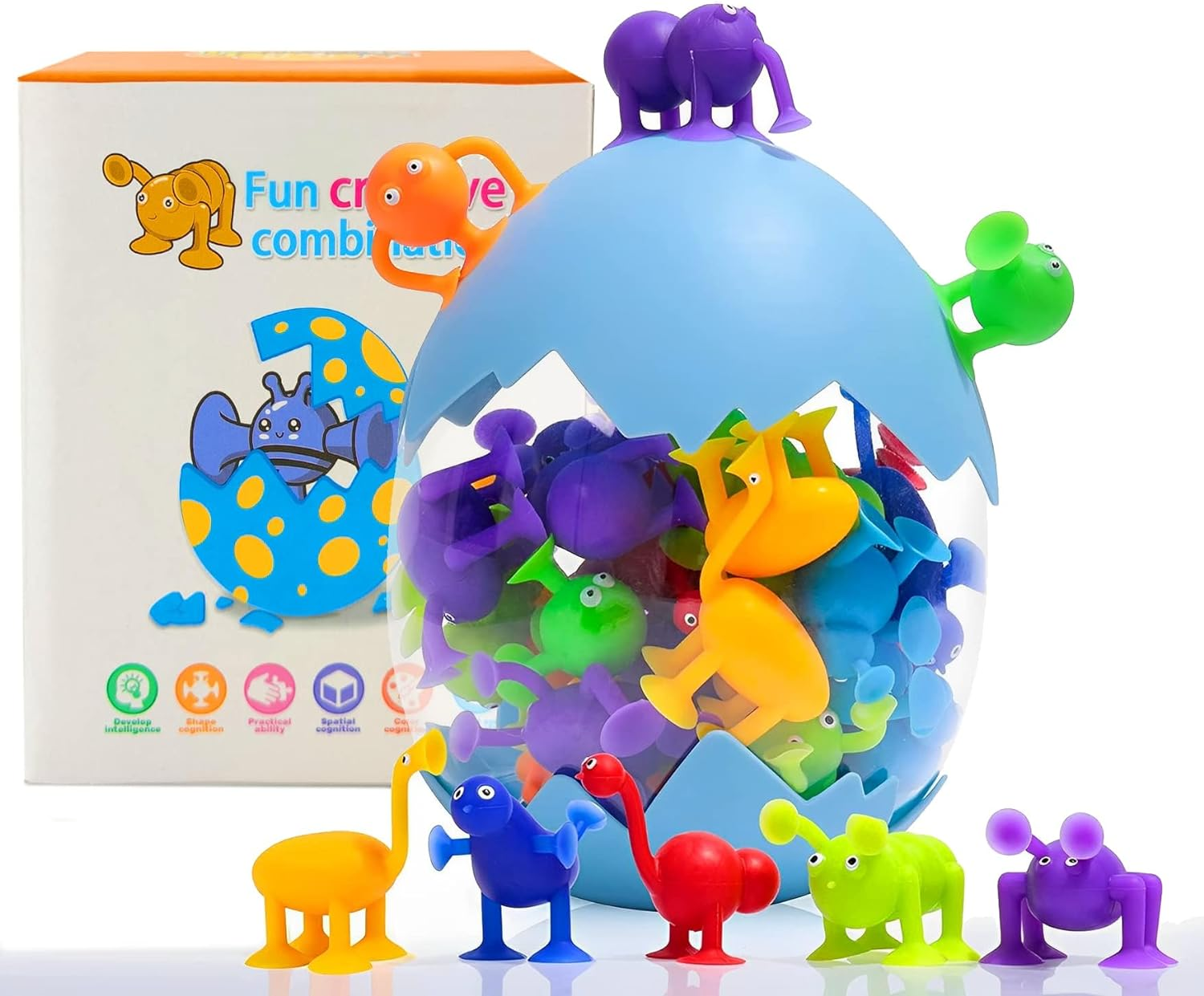 27 Pcs Baby Bath Toys Suction Cup Toys for Kids, Sensory Toys for Autistic Children, Travel Toys Window Toys Stem Learning Toys, Bathtub Toys with Dinosaur Eggshell Storage image number 6