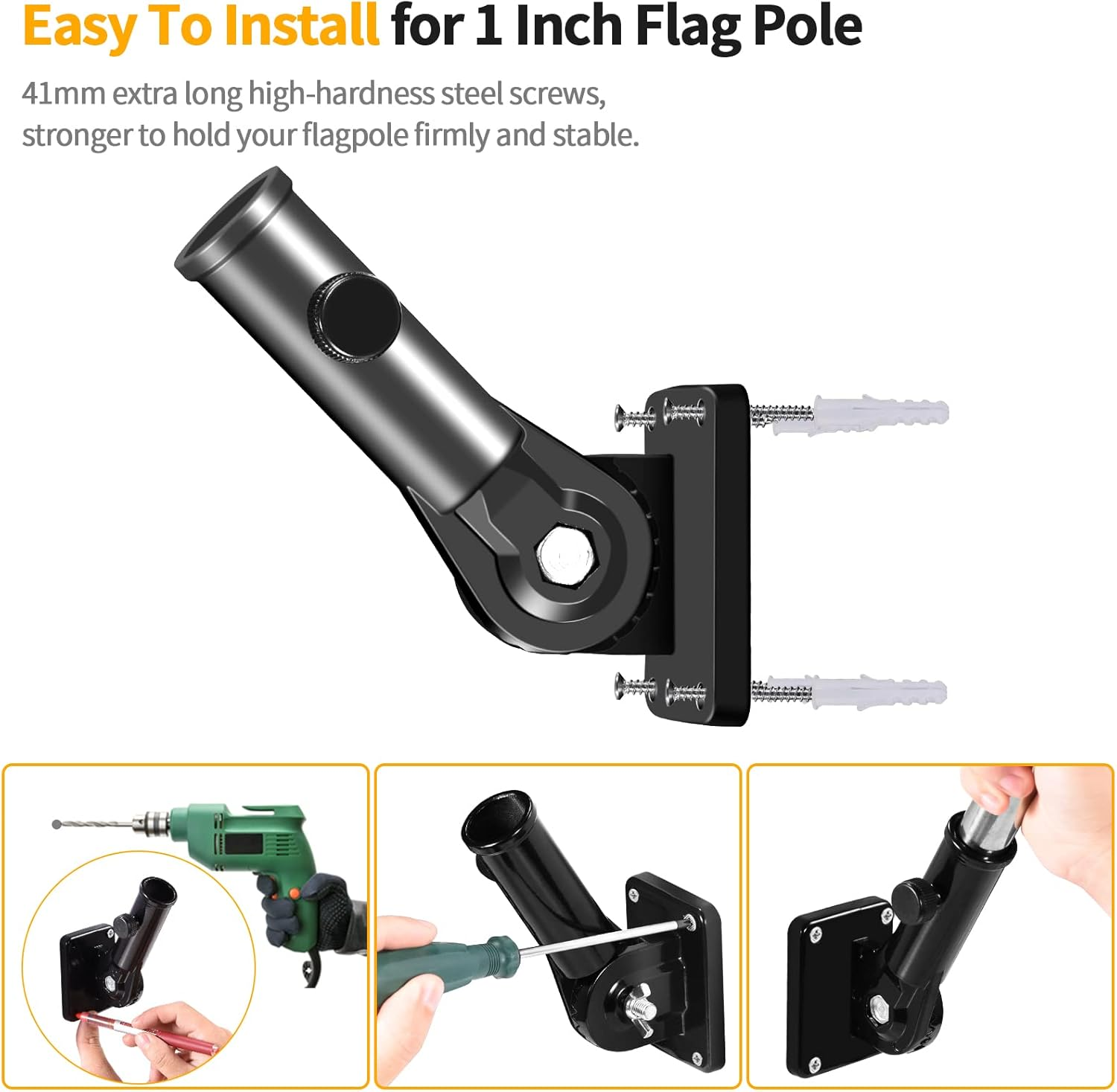 Flag Pole Holder Brackets, 1" Flag Pole Mounting Bracket with Hardwares for House Wall Porch, 1" Inner Diameter, 180&deg; Adjustable Multi Positions, Aluminium Alloy(1 Pack Black, Multi-Positions)