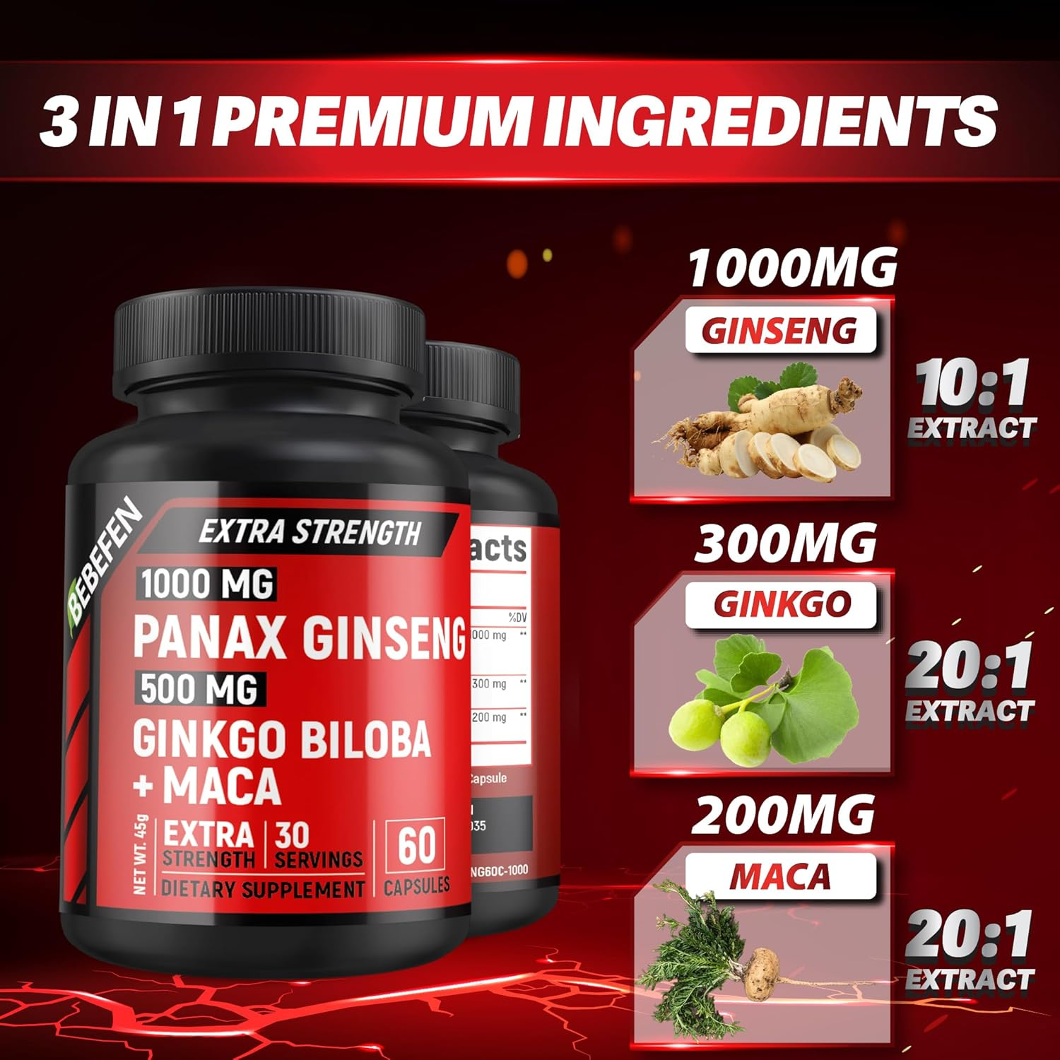 Panax Ginseng & Ginkgo Biloba Supplement - Red Korean Ginseng, Ginkgo Biloba Capsules, and Maca for Men & Women - Vegan Pills - 60 Count image number 1