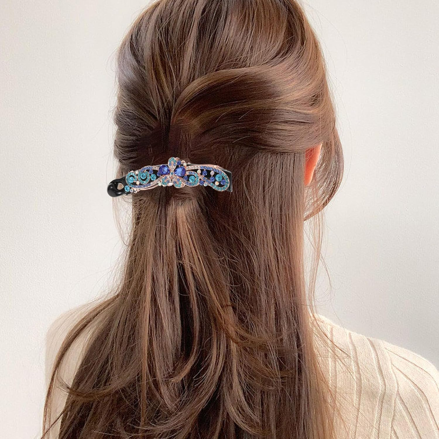 DRESSOOS Elegant Floral Rhinestone Hair Clip for Women and Banana Clip with Blue Crystal Design Decorative Accessory for Wedding Party Prom Birthday and Everyday Styling image number 1