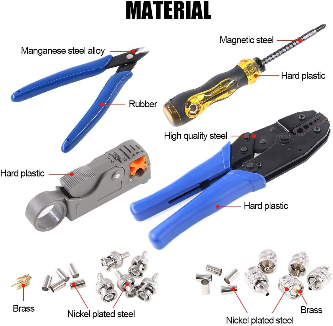 Glarks Coaxial Cable Tool Set, Coax RF Connector Crimping Tool + Coaxial Cable Stripper + BNC/UHF Crimp Male Connectors + Wire Cutter + Screw Driver for RG58, RG59, RG62, RG174