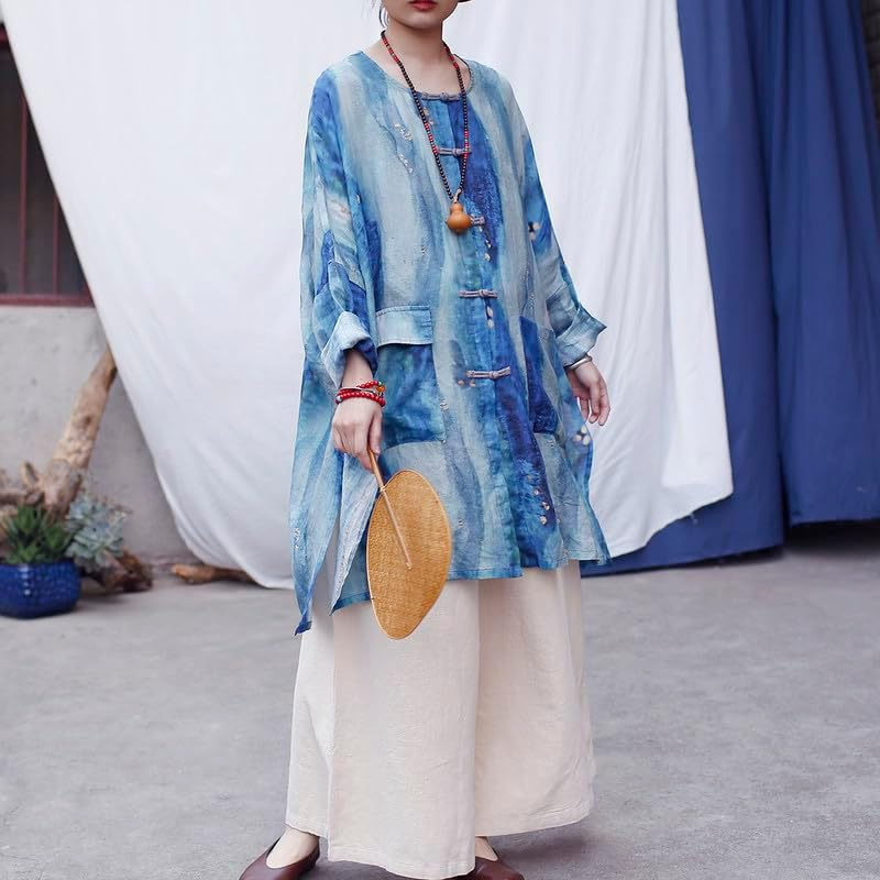 Bohemian Summer Linen Blend Shirt Dress Loose Fit Long Tunic Top with round Neck image number 5