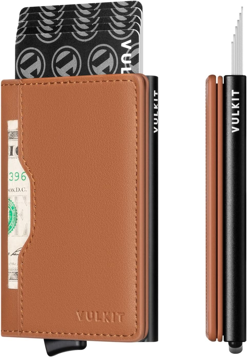VULKIT Slim Pop up Wallet for Women Minimalist Credit Card Holder with Leather Slots Men'S Bifold RFID Blocking Metal Wallets(Dark Brown)