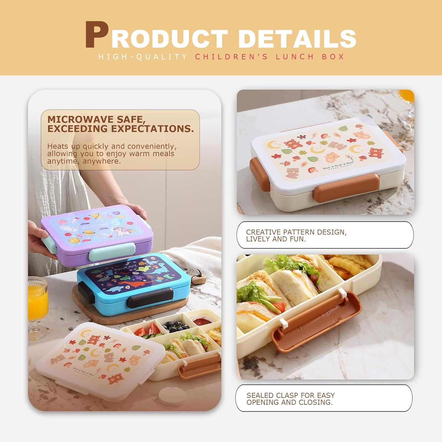 STRONGBERRY Kids Lunch Box, Healthy and Microwave - Safe, Dinosaur Parade, Purple Unicorn, Brown Bear Designs (Brown Little Bear) image number 1