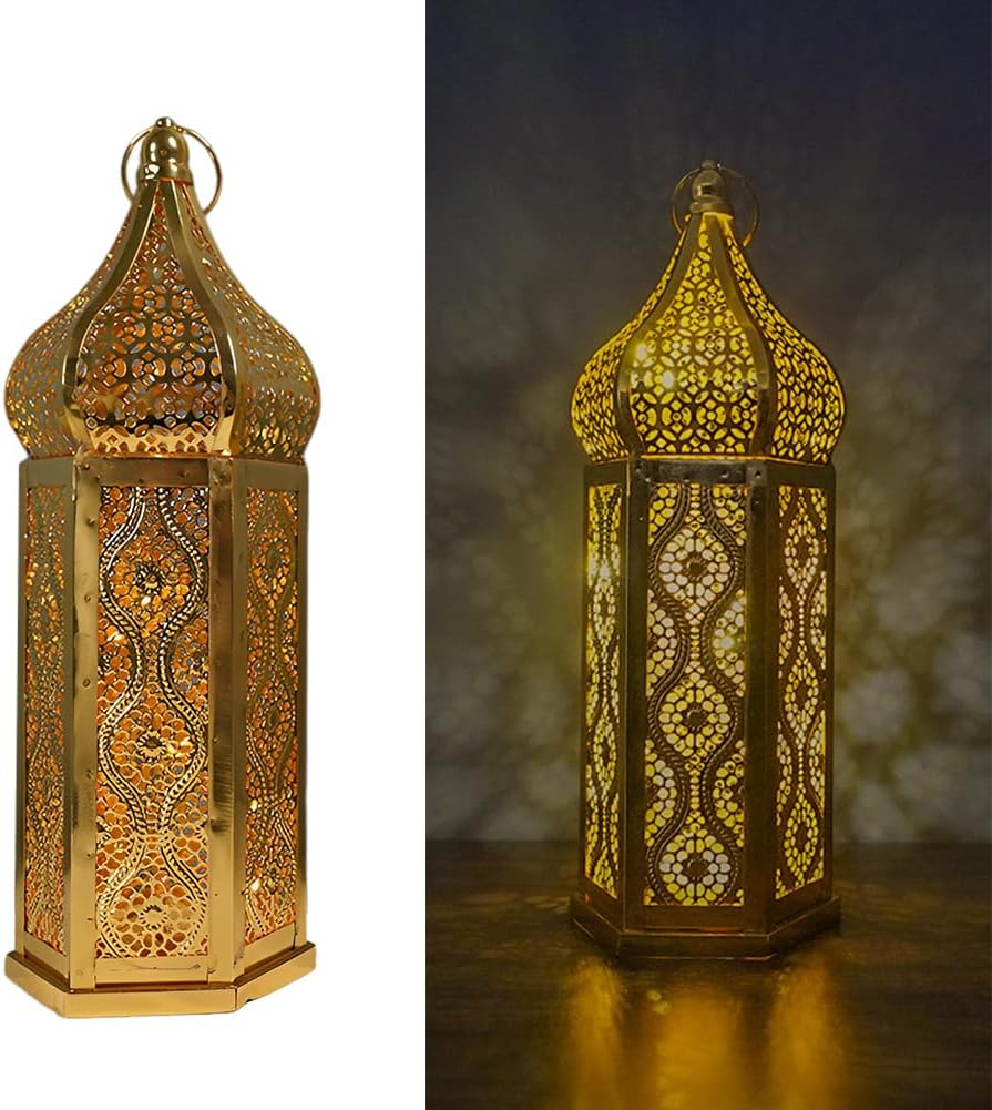 Surakey Moroccan Lantern Decorative Indoor, Decorative Lanterns for Home Decor, Gold Moroccan Lantern Decor, Hollow LED Lights Lanterns for Centerpiece Table Decorations,Large Gold image number 5