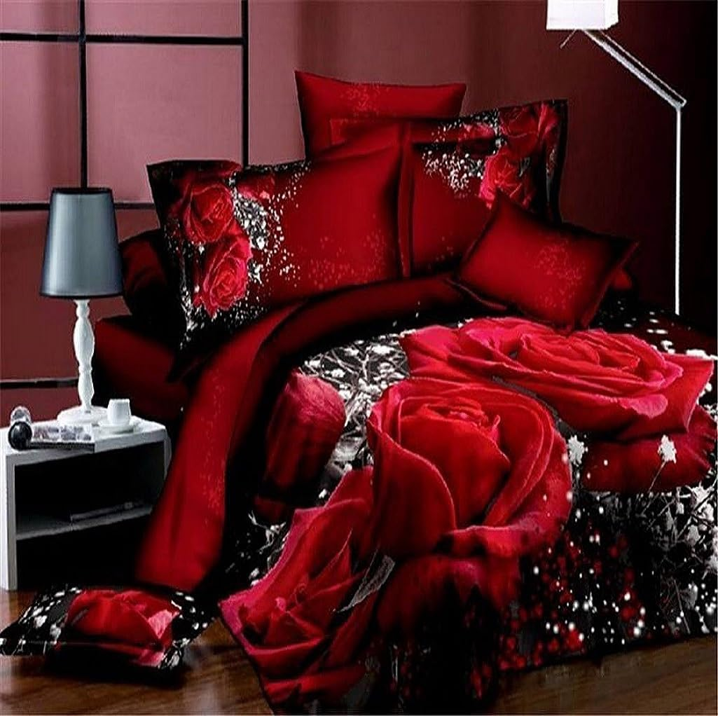 3 Piece Quilt Cover Set Queen Size Red Rose Star Bedding Set Blanket Animal and Flower Style 3D Digital Printed Duvet Cover Set Home Decor 2 Pillow Cases with 1 Comforter Cover (210 * 210 Cm) (15070) image number 3