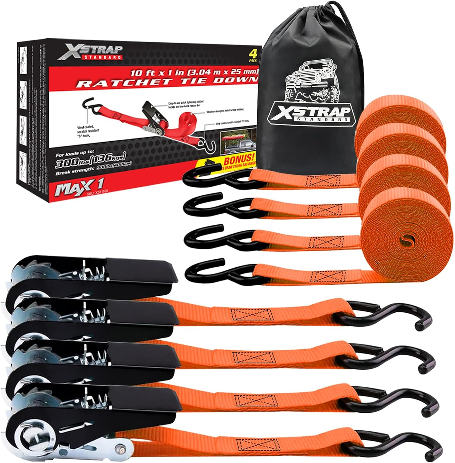XSTRAP Standard Ratchet Tie down Straps 4PK 10 Ft- 300 Lbs Load Cap- 900 Lbs Break Strength-Cargo Straps for Moving Appliances, Lawn Equipment, Motorcycle Orange image number 2