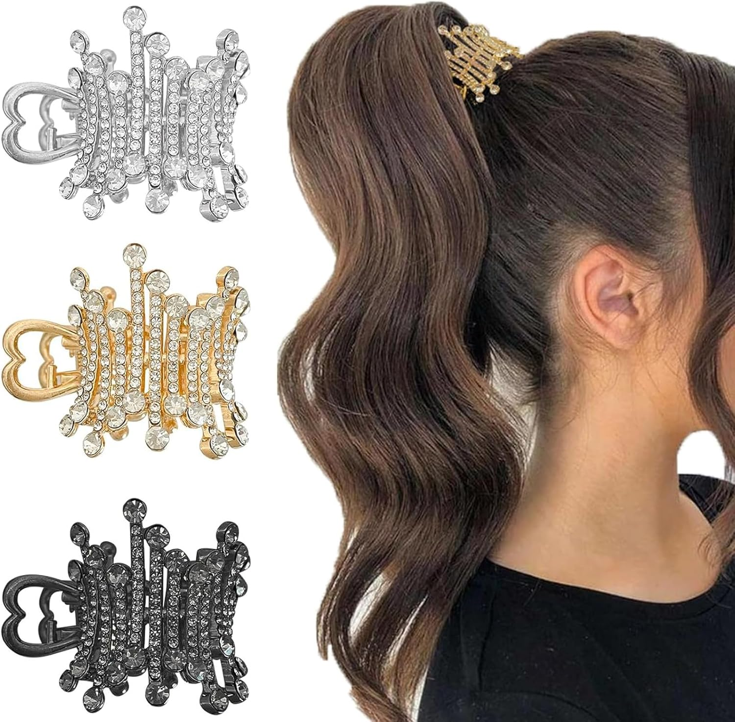 Rabbfit 3 Pieces High Ponytail Clips, Non-Slip Claw Clip Metal Hair Clips for Improved Hairstyle, Fashion Hair Accessories, High Ponytails and Thick Hair (Gold, Silver, Black) image number 6