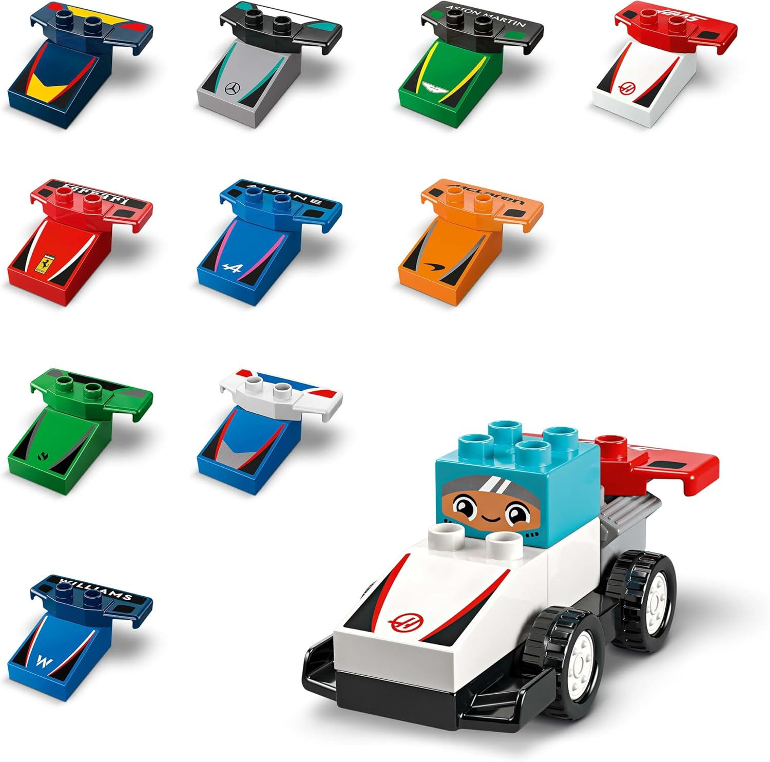 LEGO DUPLO F1 Team Race Cars & Drivers Building Set with 10 F1 Toy Cars and a Crane, Formula One Kids Vehicle Playset for 2 plus Year Old Toddlers, Boys & Girls, Helps Build Fine Motor Skills 10445 image number 6