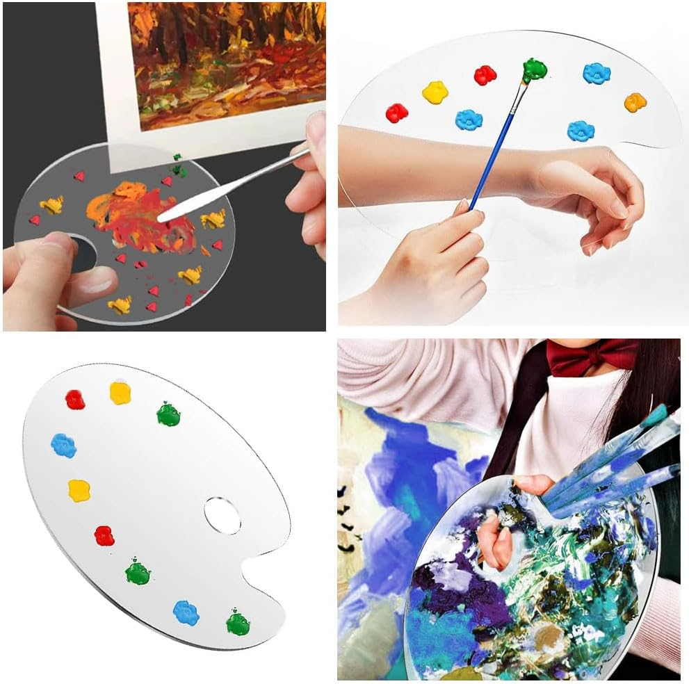 2 Pcs Acrylic Cosmetic Makeup Palette,Oval & round Cosmetic Makeup Palette Tray with Thumb Hole,Clear Acrylic Makeup Palette with 2 Metal Spatula, Makeup Palette Mixing Tray, Foundation Mixing Palette