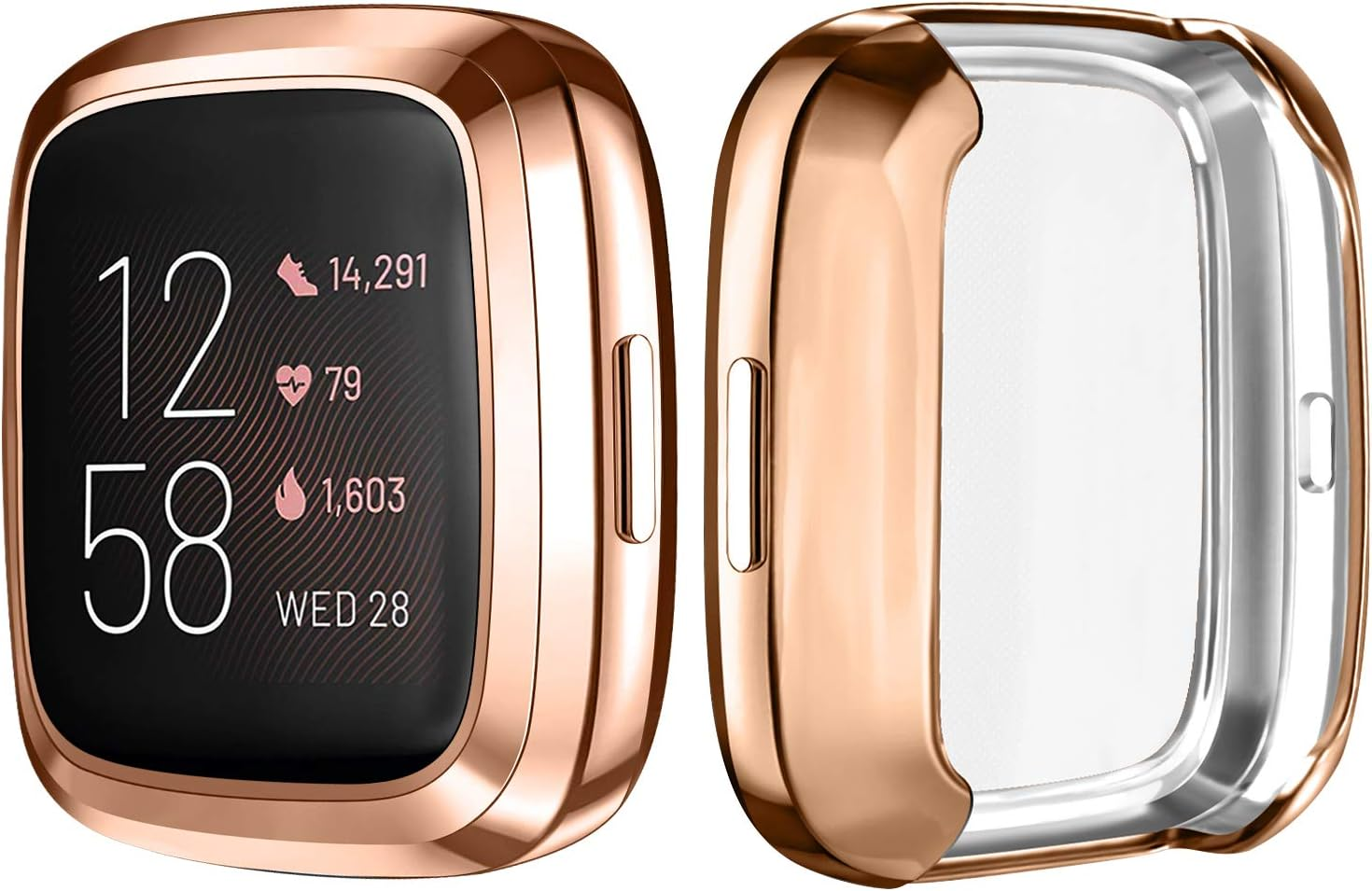 Mugust [6 Pack] Screen Protector Compatible with Fitbit Versa 2 Case, TPU Plated Full around Protective Case Cover (Black, Space Gray, Silver, Rose Gold, Rose Pink, Clear) - Soft Gold, Space Gray, Clear image number 3