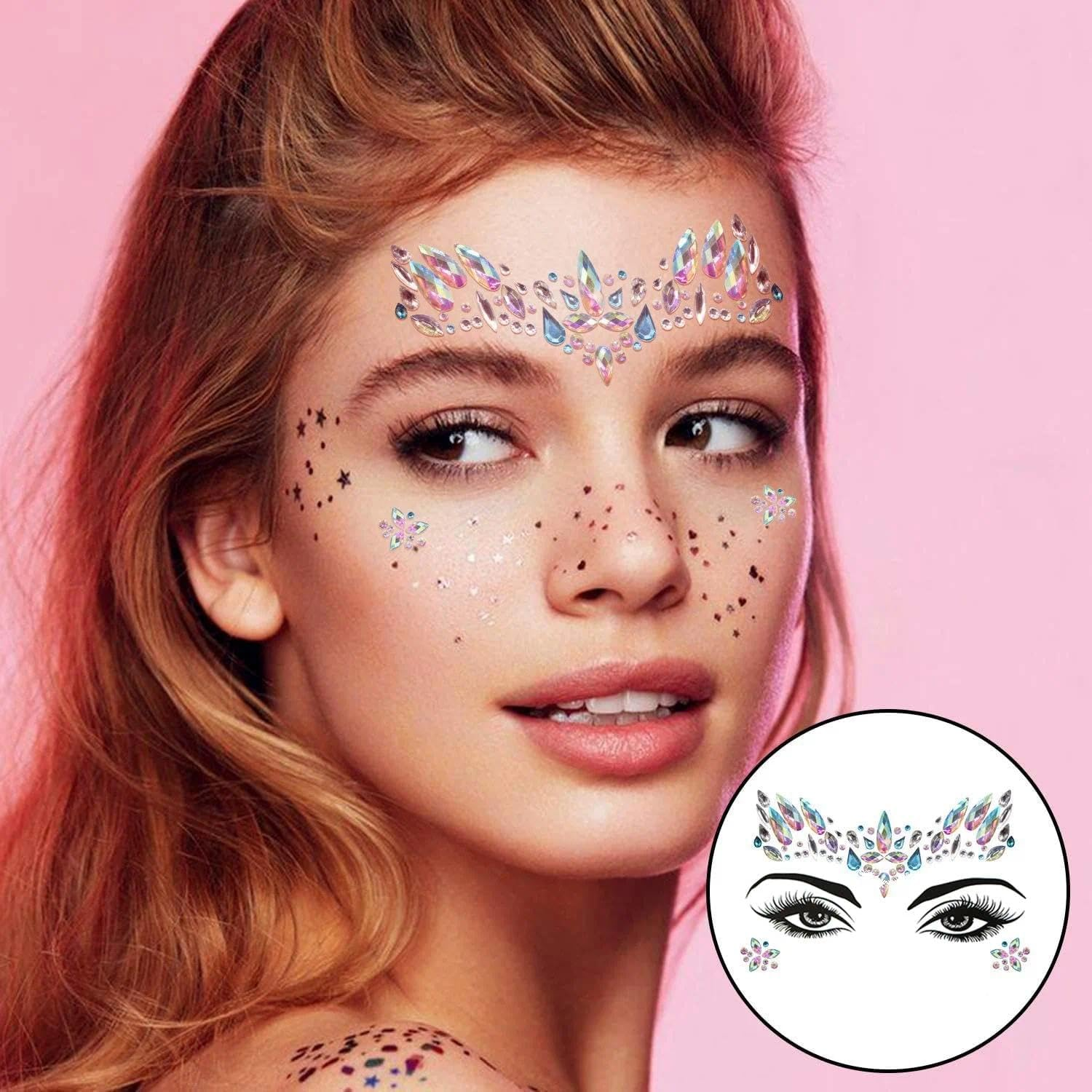 Weidllys 10 Sets Mermaid Face Gems Glitter，Rhinestones Body Temporary Stickers，Crystal Stickers Decoration，Rhinestone Rave Festival Face Jewels image number 5