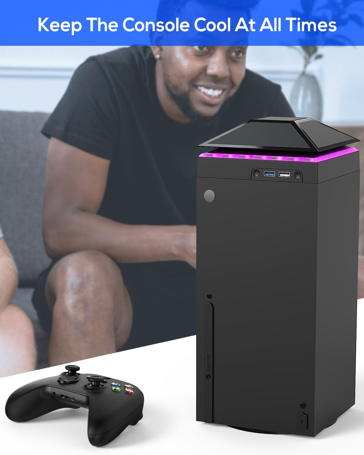 Cooling Fan for Xbox Series X with Dust Cover, Low Noise 3 Levels Adjustable Speed Cooler Fan System, Extra 2 USB Port, RGB LED Light for Xbox Series X Accessories Cooling image number 2