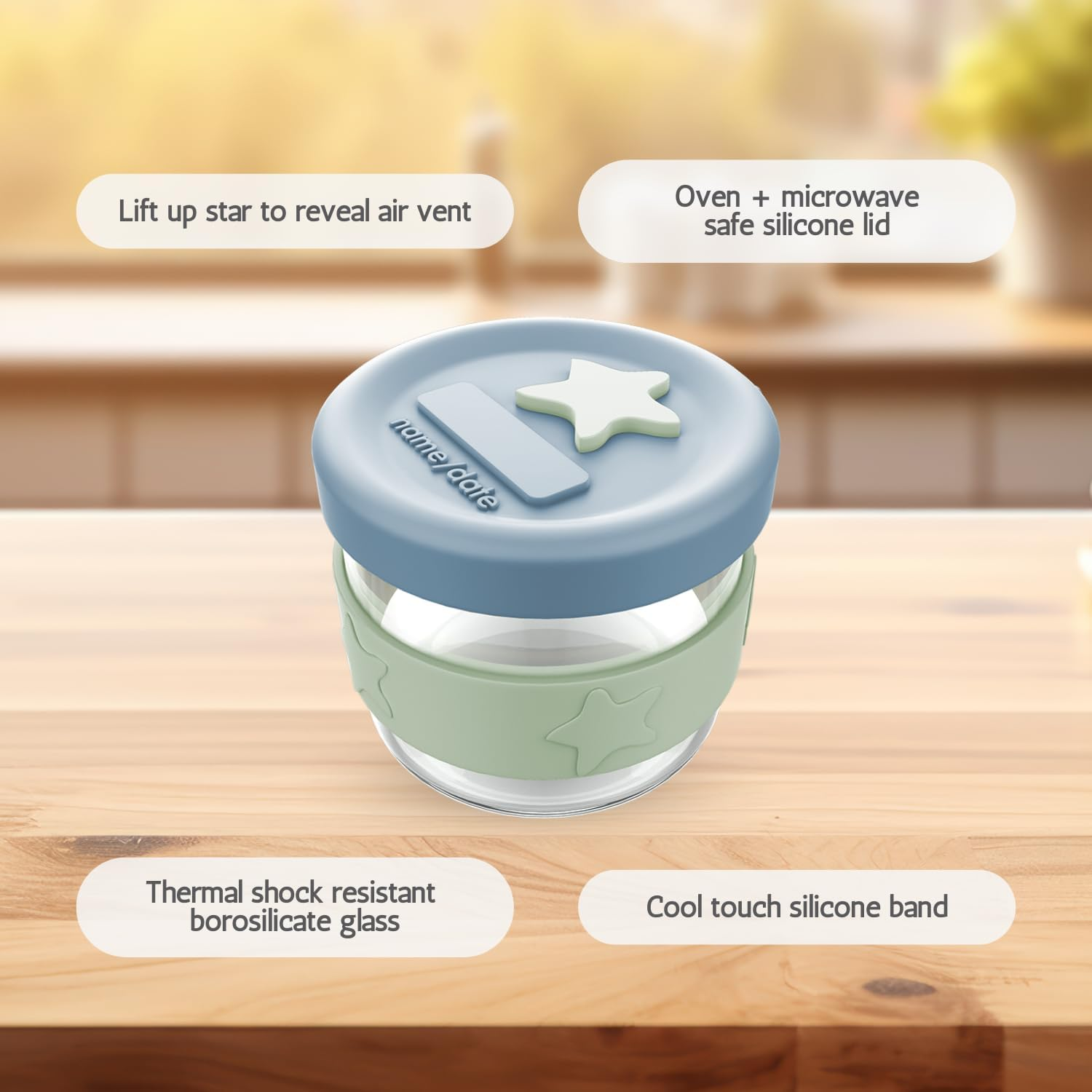 Cherub Baby Durable Non-Toxic BPA Free, Leak-Proof, Microwave, Oven, Freezer Safe Silicone & Glass Baby Food Storage Container Jar with Airtight Lid Pack of 3 120Ml - Cerulean/Sage image number 4