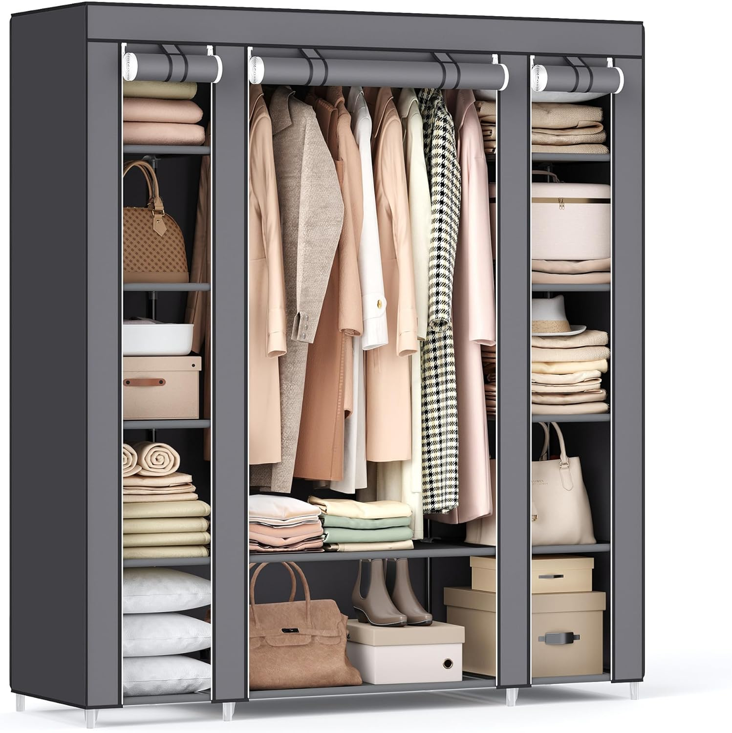 SONGMICS Closet Wardrobe, Portable Closet for Bedroom, Clothes Rail with Non-Woven Fabric Cover, Clothes Storage Organizer, 59 X 17.7 X 69 Inches, 12 Compartments, Sage Green ULSF003C02