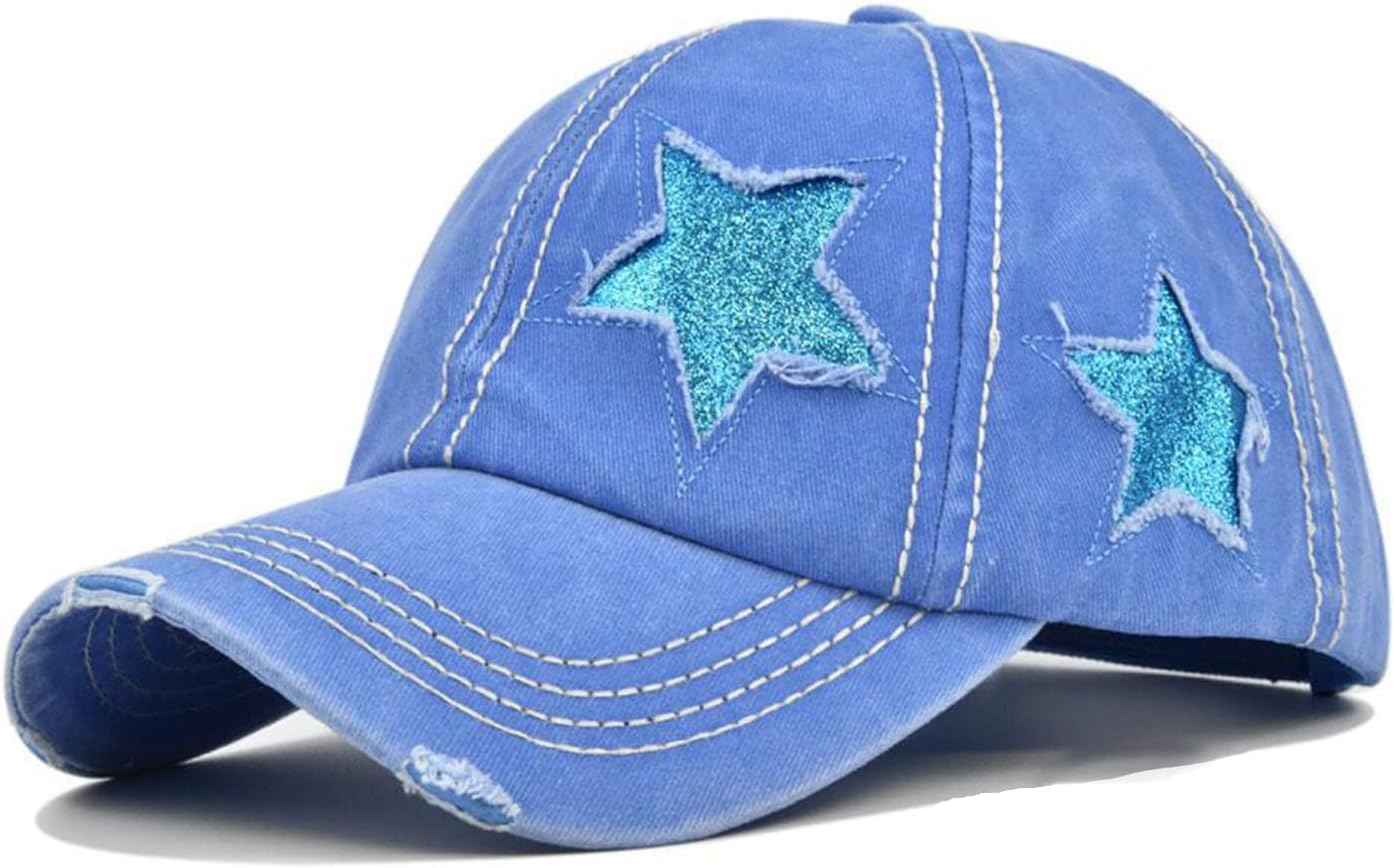 Womens Ponytail Baseball Cap Vintage Style Baseball Cap Distressed Star Design