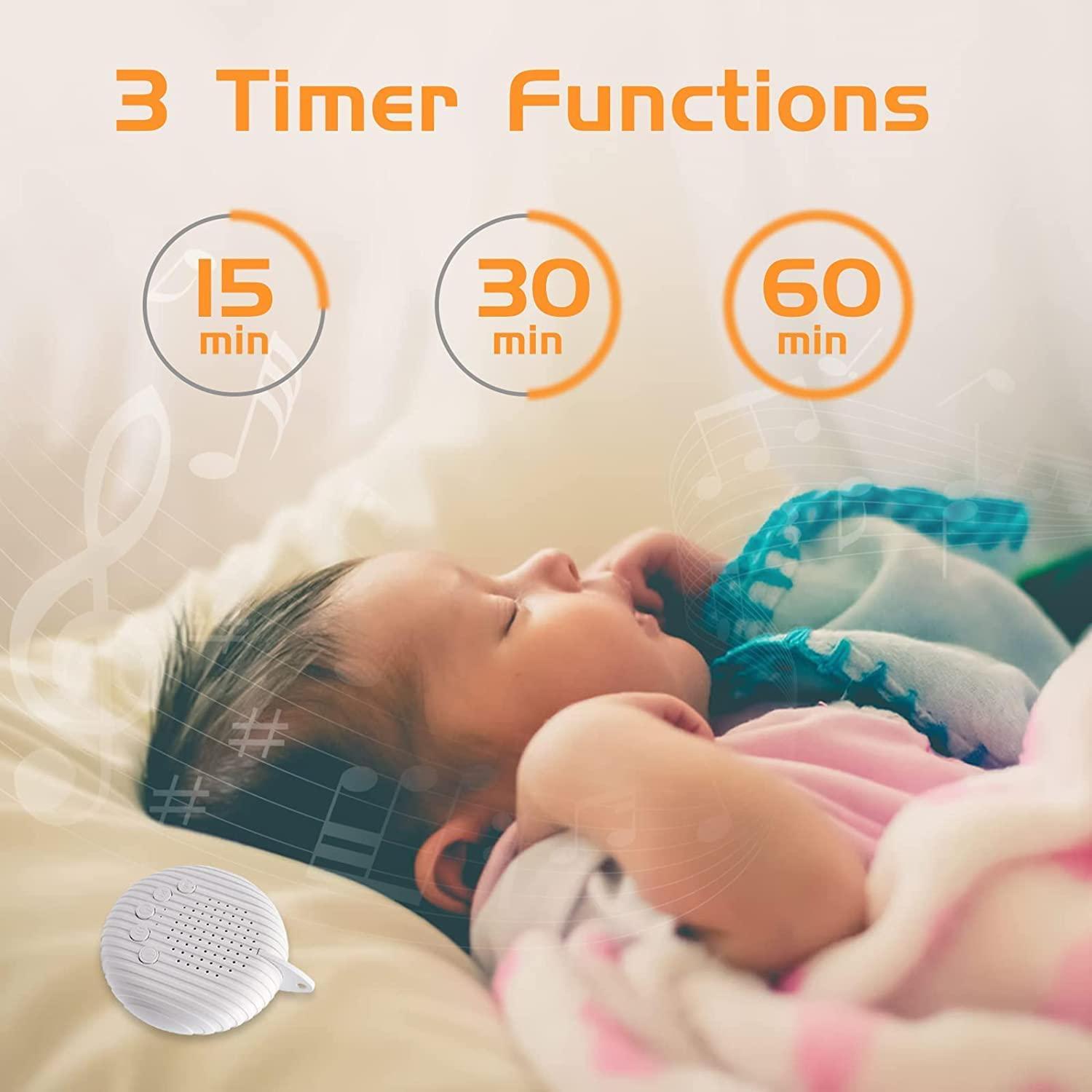 White Noise Machine, Xkey Portable Sound Machine with 10 Natural Soothing Sounds 3 Timers, Compact Sleep Sound Machine with Volume Control Powered by USB, White Hanging Sound Machine (A) image number 3