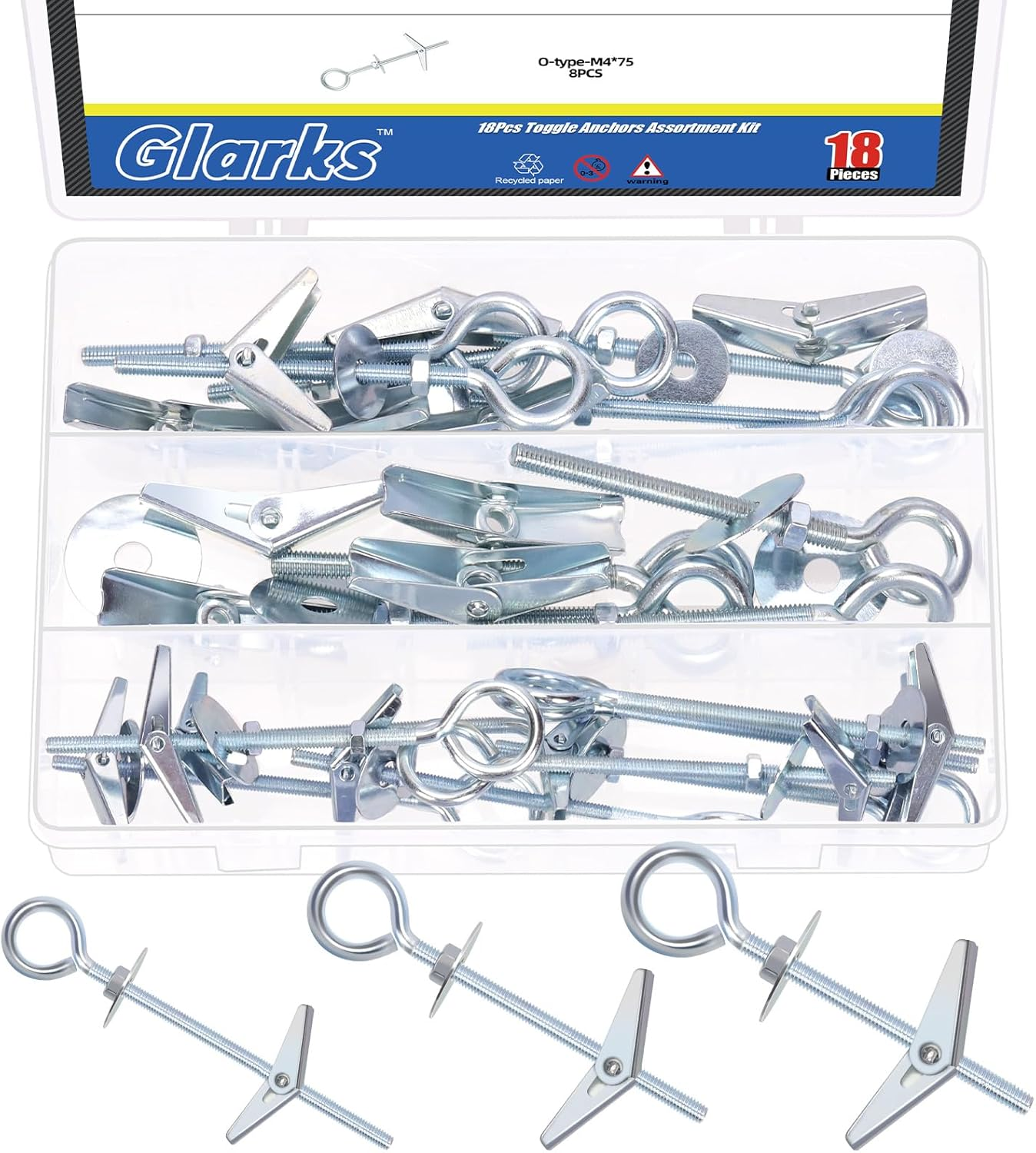 Glarks 18Pcs M4 M5 M6 O-Shaped Eye Bolt Toggle Anchors Set for Drywall, Toggle Bolts, Butterfly Anchors, Spring Toggle Wing Bolts for Ceiling, Sheetrock, Hollow Wall image number 5
