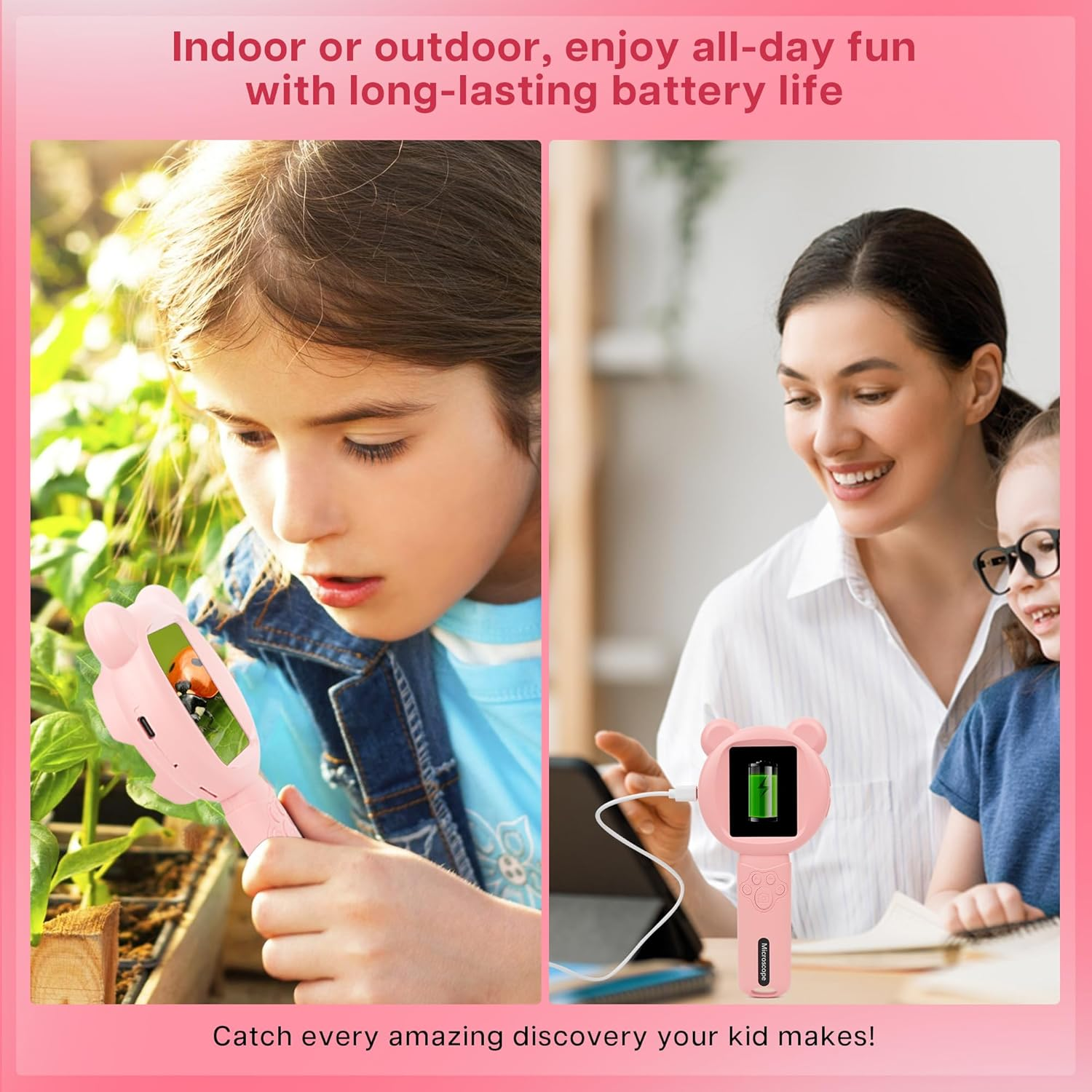Bear Kids Microscope, Portable Microscope for Kids, Mini Digital Scope with 2.8" Screen, Educational Science Kit Birthday Gifts, Age 4-12, 16GB TF Card Included (Pink) image number 2