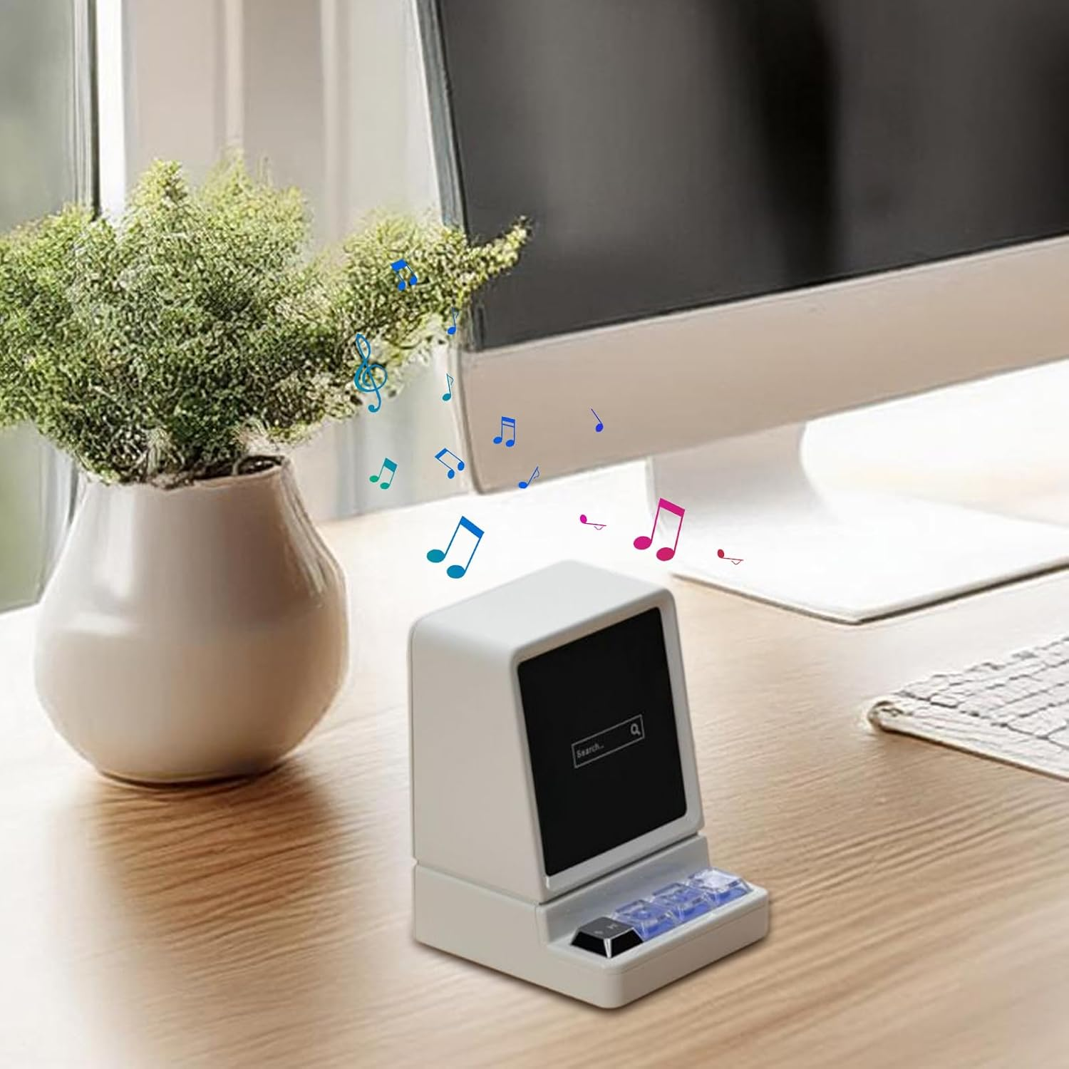 GEUGECY Phone Speaker Stand, Induction Audio Cellphone Mount, Classic Computer Shape RGB Light Phone Stand with Wireless Speaker for Desktop, Travel, Home, Bedroom