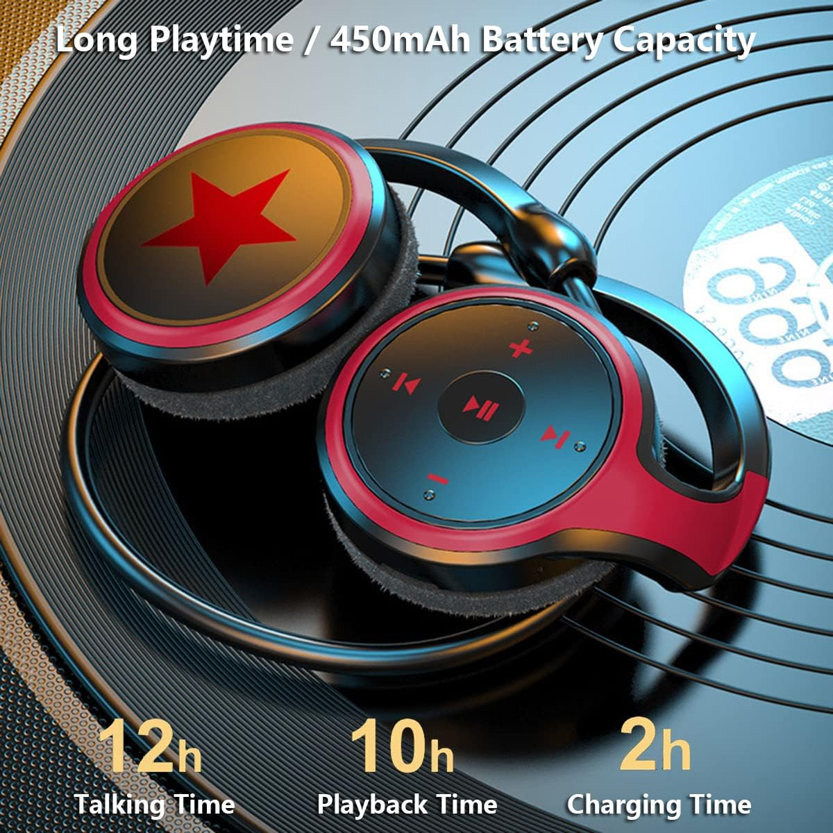 Bluetooth Wireless Headphones Sport Over-Ear Headset MP3 Player Earphones, Support TF Card & FM Radio, Lightweight Foldable Stereo Headset Noise Canceling for Running Driving Gym Red image number 4