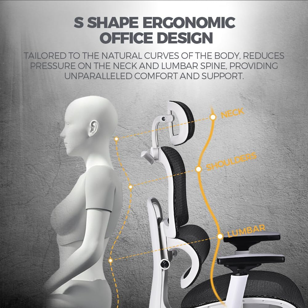 Furb Ergonomic Office Chair with Breathable Mesh, Adjustable Headrest and Lumbar Support High Back Computer Desk Office Chair for Home Office, Gaming, and Study White and Black image number 3