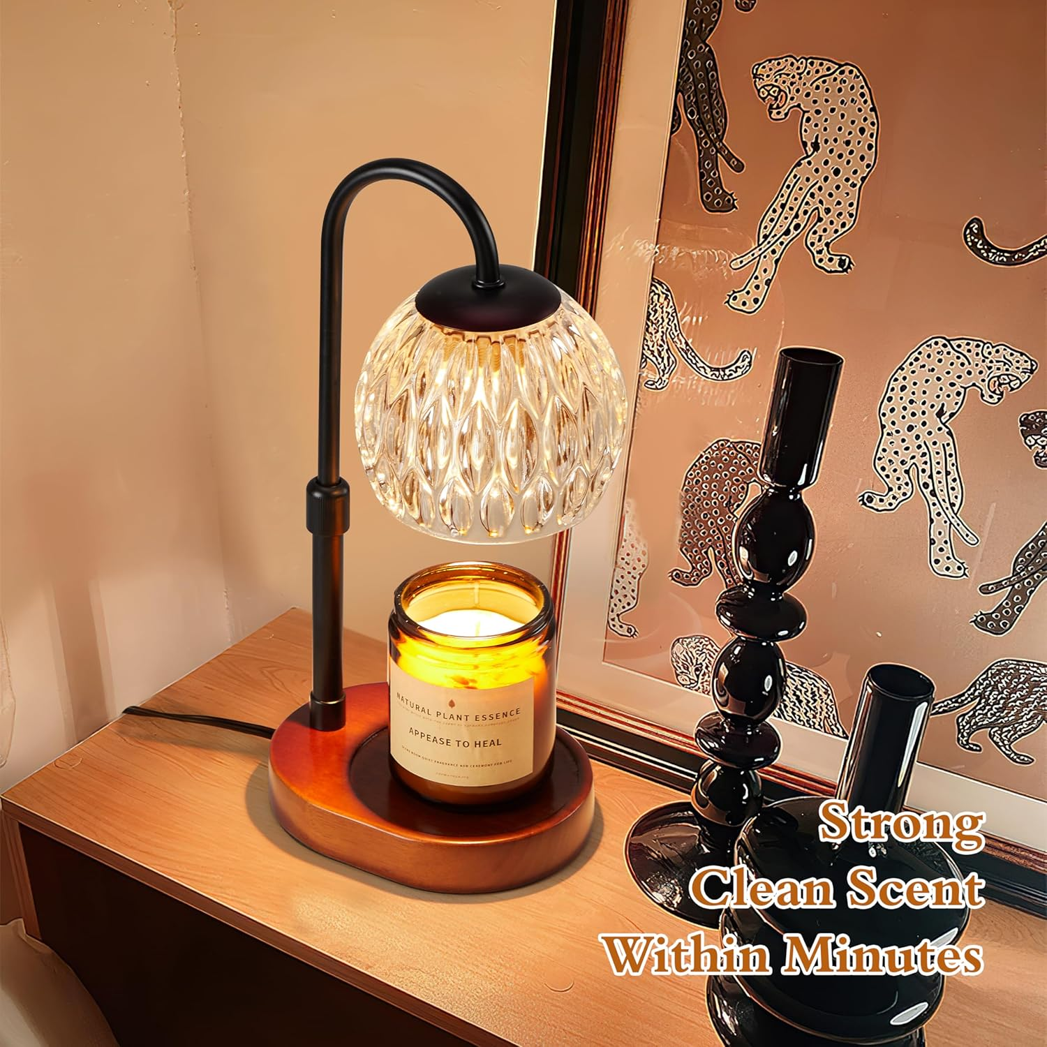 Dreamholder Candle Warmer Lamp, Glass Electric Wax Melter Lamp with Timer & Dimmer, Vintage Wax Warmer Adjustable Height for Various Sizes Scented Candles for Home Decor Gifts, 2X50W Bulbs, Black - Natural Wood image number 4