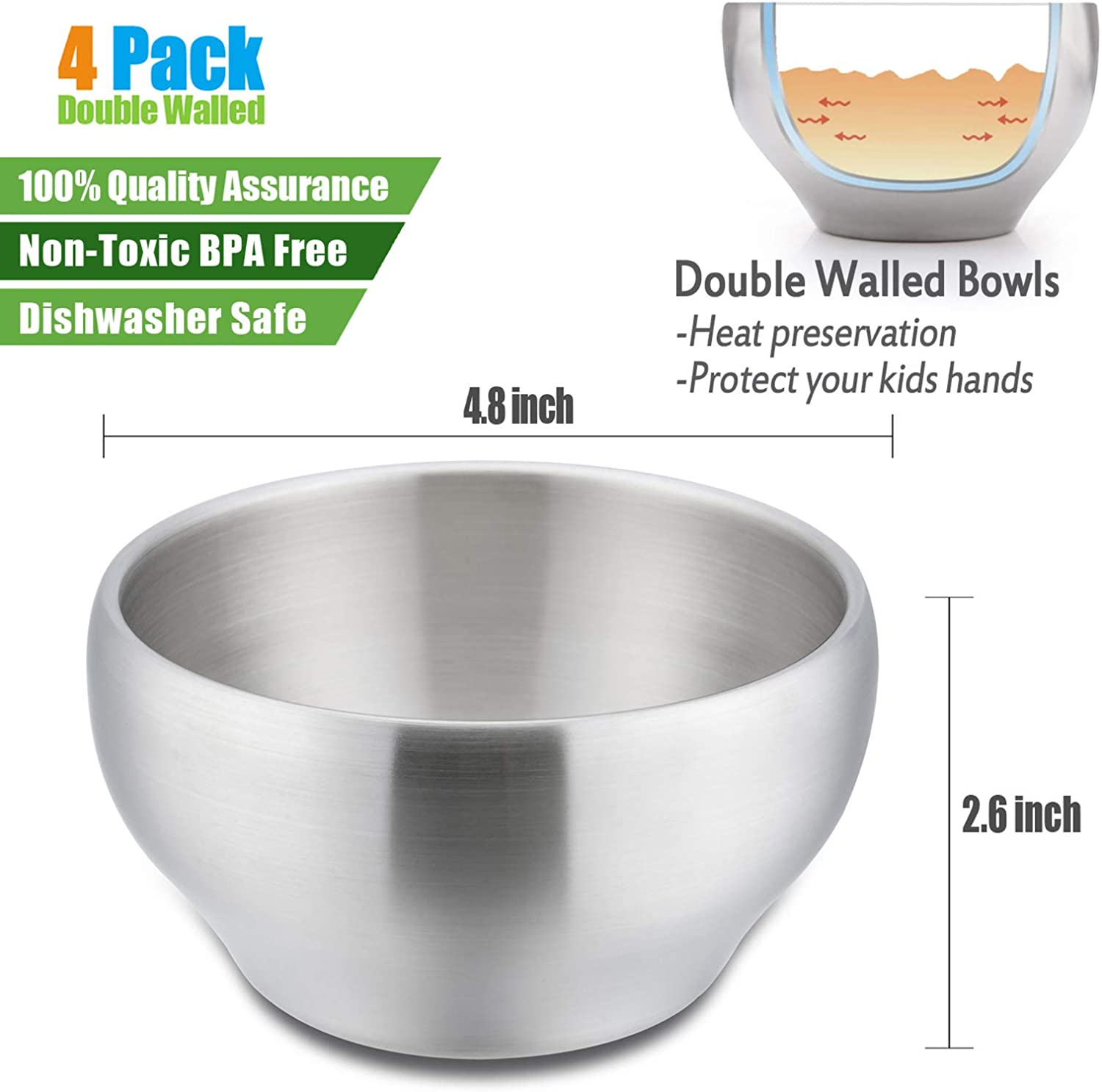 Haware Heavy 18/8(304) Stainless Steel Bowls(Double Walled), 12 Oz Kids Toddlers Feeding/Soup/Snacks Bowls, Unbreakable and Dishwasher Safe(4 Pack) image number 5