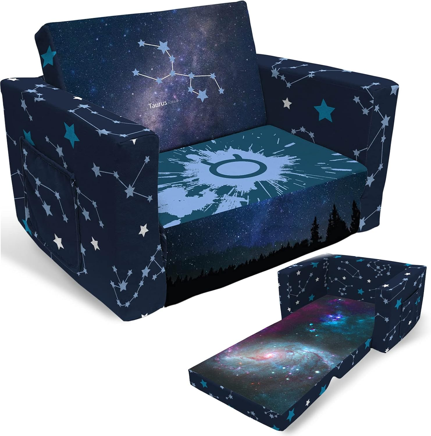 Fond + Found Kids Sofa - Zodiac Sign Toddler Couch, 2-In-1 Convertible to Lounger, Starry Sky Flip Out Chair & Sleeper, Zodiac Gifts for Girls Boys image number 6