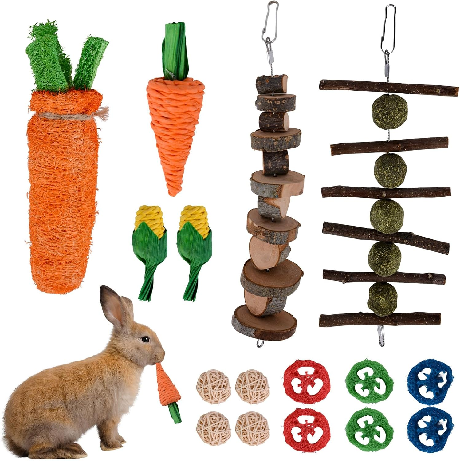 16Pcs Bunny Chew Toy, Rabbits Cage Hanging Chew Toys and Rattan for Guinea Pigs Chinchillas Hamsters Rats and Other Small Pets Teeth Grinding image number 4