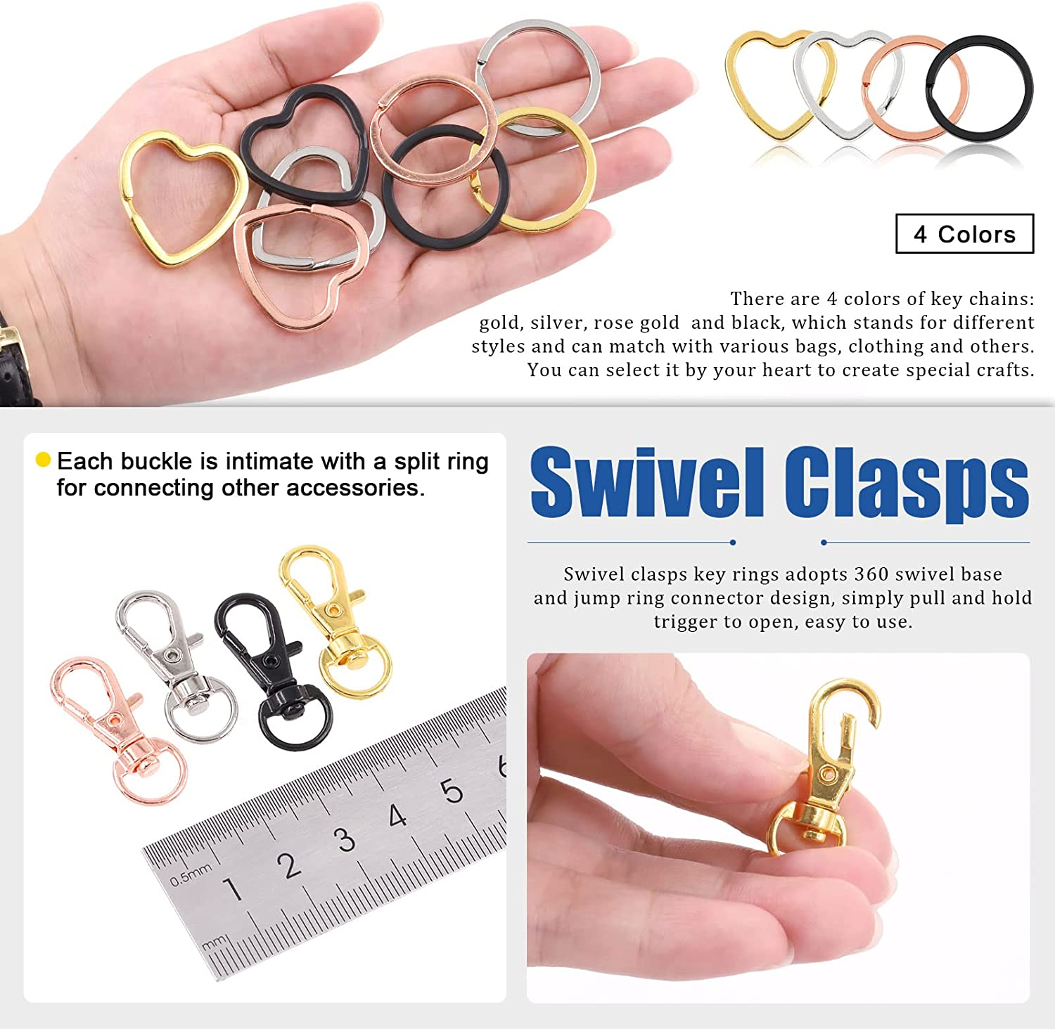 Glarks 60Pcs Flat Key Chain Ring Kit, 4 Colors Creative Heart Shape and round Shape Keychain Split Key Rings with Swivel Clasps Lanyard Snap Hook for Car Home Keys Organization, Arts Crafts, Lanyards image number 3