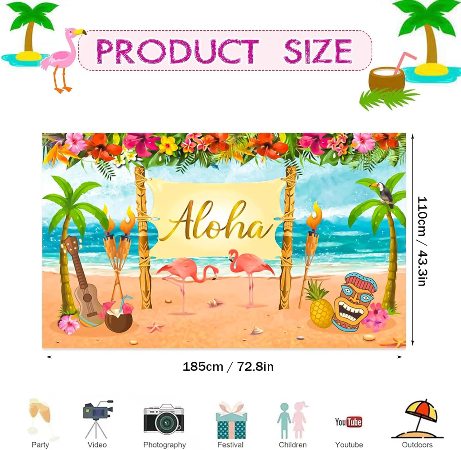 CHEUNGHAO Hawaiian Aloha Party Decoration, 185 X 110 Cm Extra Large Summer Luau Beach Party Banner Backdrop Background Photography for Baby Shower Tropical Themed Decoration Birthday Musical Party image number 5