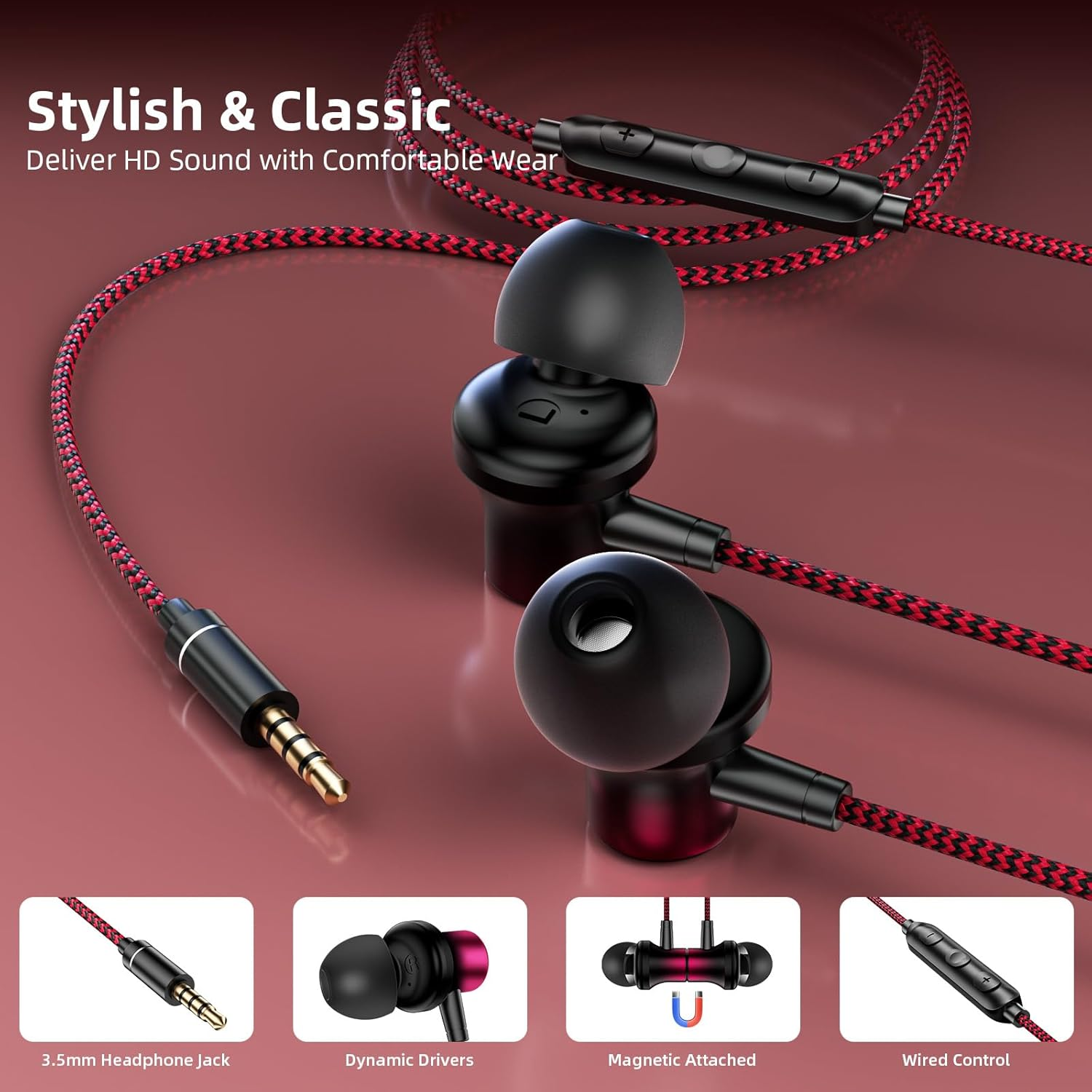 Jiunai Wired Earbuds Mic in Ear Wired Earphone 3.5 Mm Jack Magnetic Snap Noise Isolated Corded Ear Bud for Iphone Galaxy A15 A25 Ipad Surface Fire CD Player Commute Essential Gradient Black Red image number 6