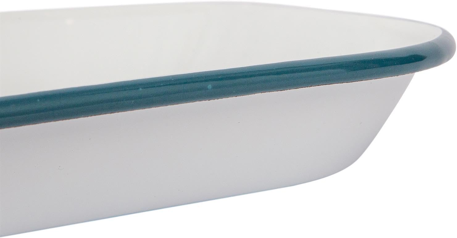Argon Tableware Enamel Baking Tray - 34 X 26Cm - Green Rim - Lightweight Metal Rectangular Enamel Oven Tray Kitchen Bakeware Flat Cooking Pan for Roasting, Baking