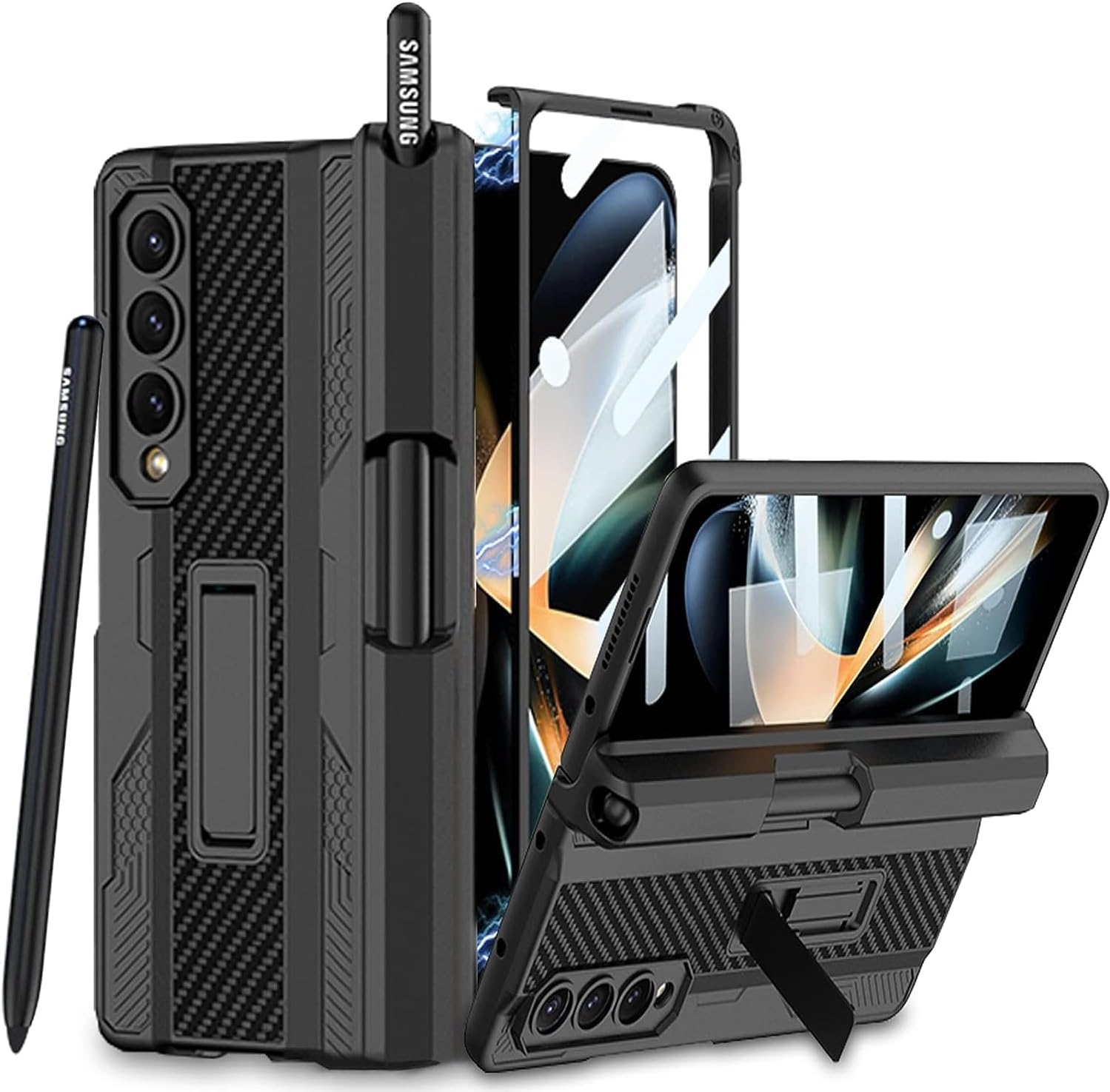 COCOING Samsung Z Fold 4 Case with S Pen Fold Edition, Hinges Protect Built-In Pen Holder, Screen Protector, Stand, Military Drop Protection (Black) image number 2