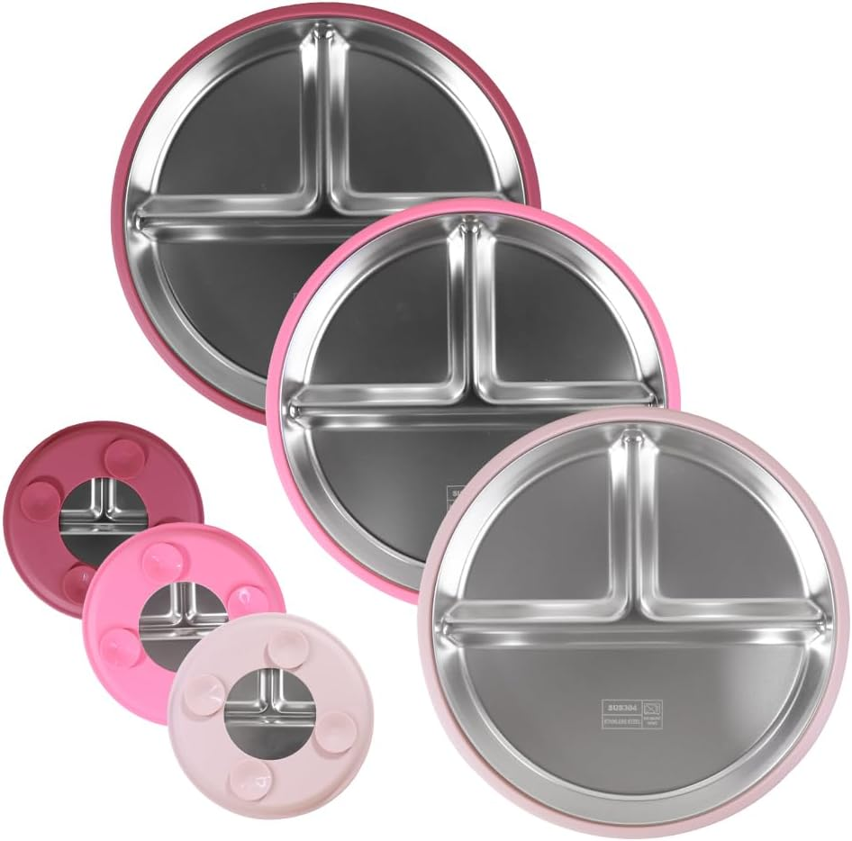 YUGO BABY Stainless Steel Divided Baby Plate with Removable Silicon Sleeve&Suction, Non-Slip Unbreakable Dishwasher Safe Metal Plates for Kids&Toddler Self Feeding Dinnerware (Quartz + Pink + Rose)