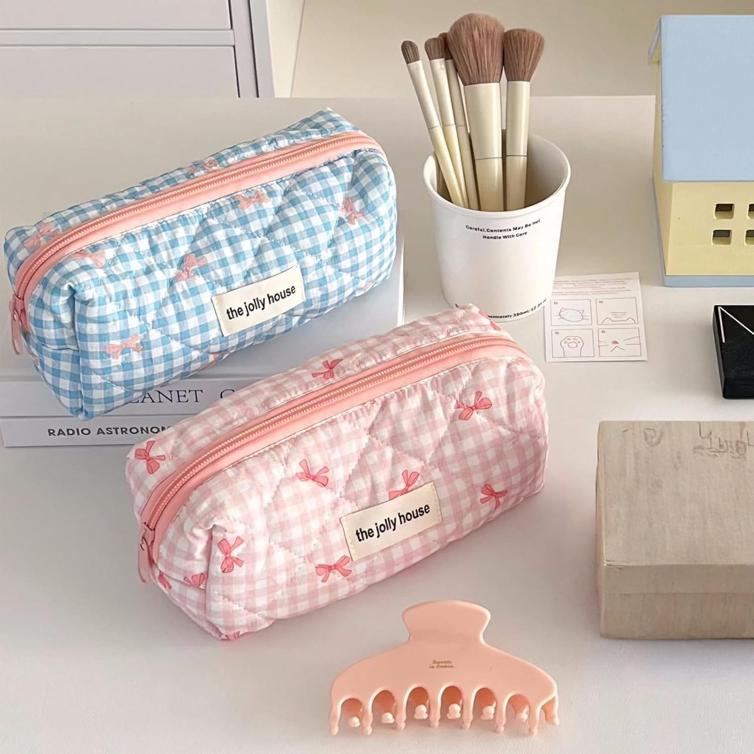 Cute Pencil Case, Pink Bow Stationery Bag, Soft Quilted Pencil Pouch, Portable Pen Bag Wide Opening, Organizer with Zipper for Pens, Cosmetics or Travel Accessories (Blue) - Blue image number 2