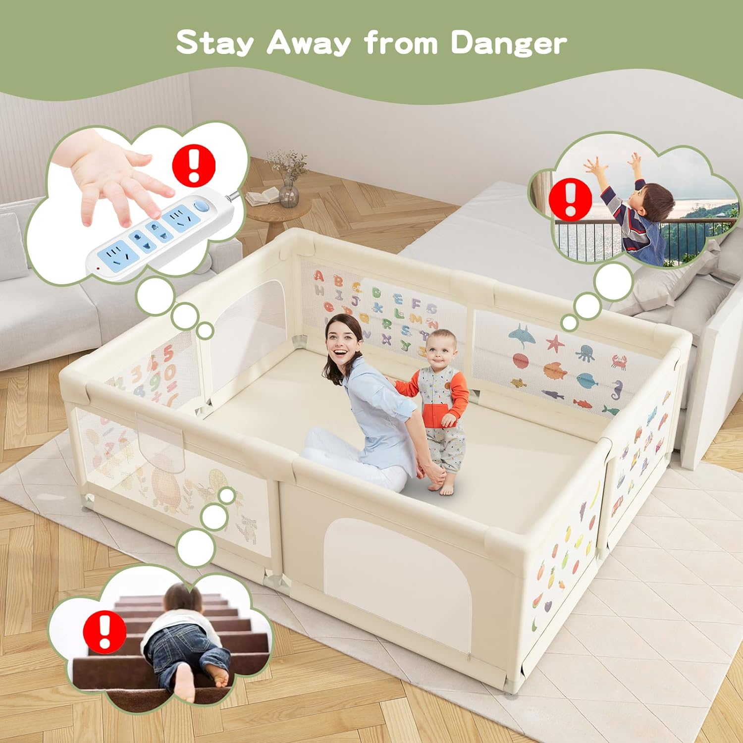 Baby Playpen 200 X 160 Cm, Extra-Large Non-Slip Playpens with Patterns, 50 Ocean Balls, 6 Pull Rings, Balls Storage Basket, Durable Zippered Door, Storage Bag for Outdoor Use (Beige) - Beige With Pattern image number 4