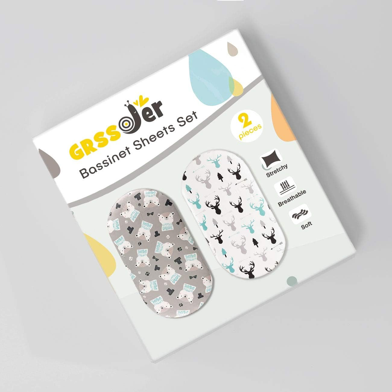 Stretch Ultra Soft Fitted Bassinet Sheet Set 2 Pack，Universal Cradle Sheet Set for Rectangle, Oval, or Hourglass Bassinet Pad/Mattress,Grey Bear for Boys