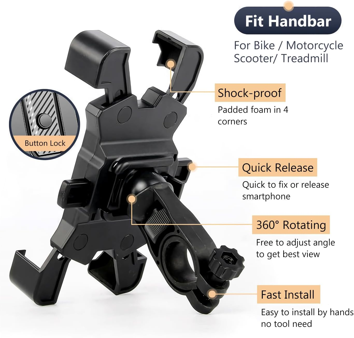 Reelau Motorcycle Phone Holder, Bike Phone Mount Holder 360&deg; Rotating Smartphone Quick Release Bicycle Phone Holder, anti Theft Phone Mount Holder for Motorcycle/Bicycle/E-Bike (For Handlebar) image number 6