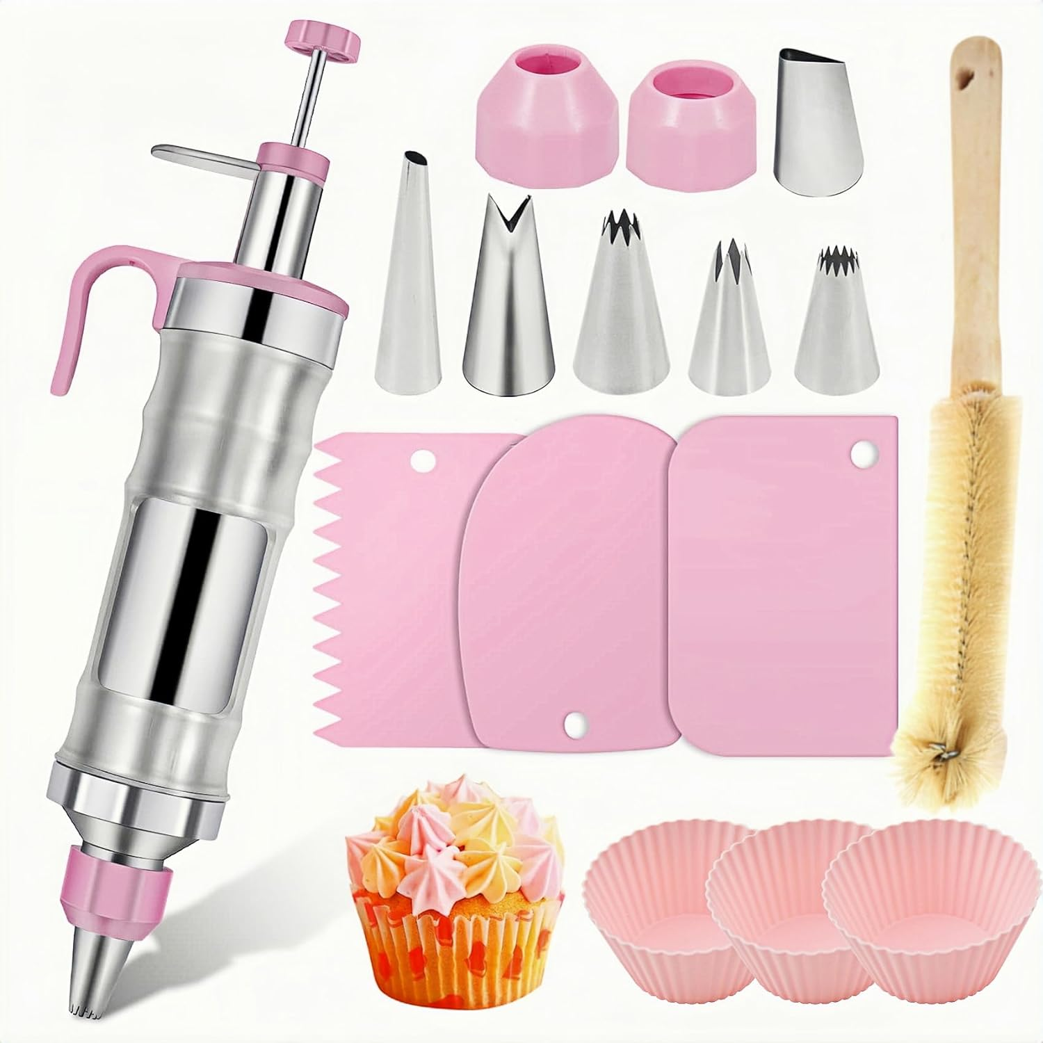Cake Decorating Tool,16 Pcs Icing Decoration Gun Set,Dessert Decorating Syringe Tools,6 Piping Nozzles,3Cream Scrapers,3 Cupcake Molds,1Cleaning Brush,Cupcake Frosting Filling Tools(Stainless Steel) image number 1