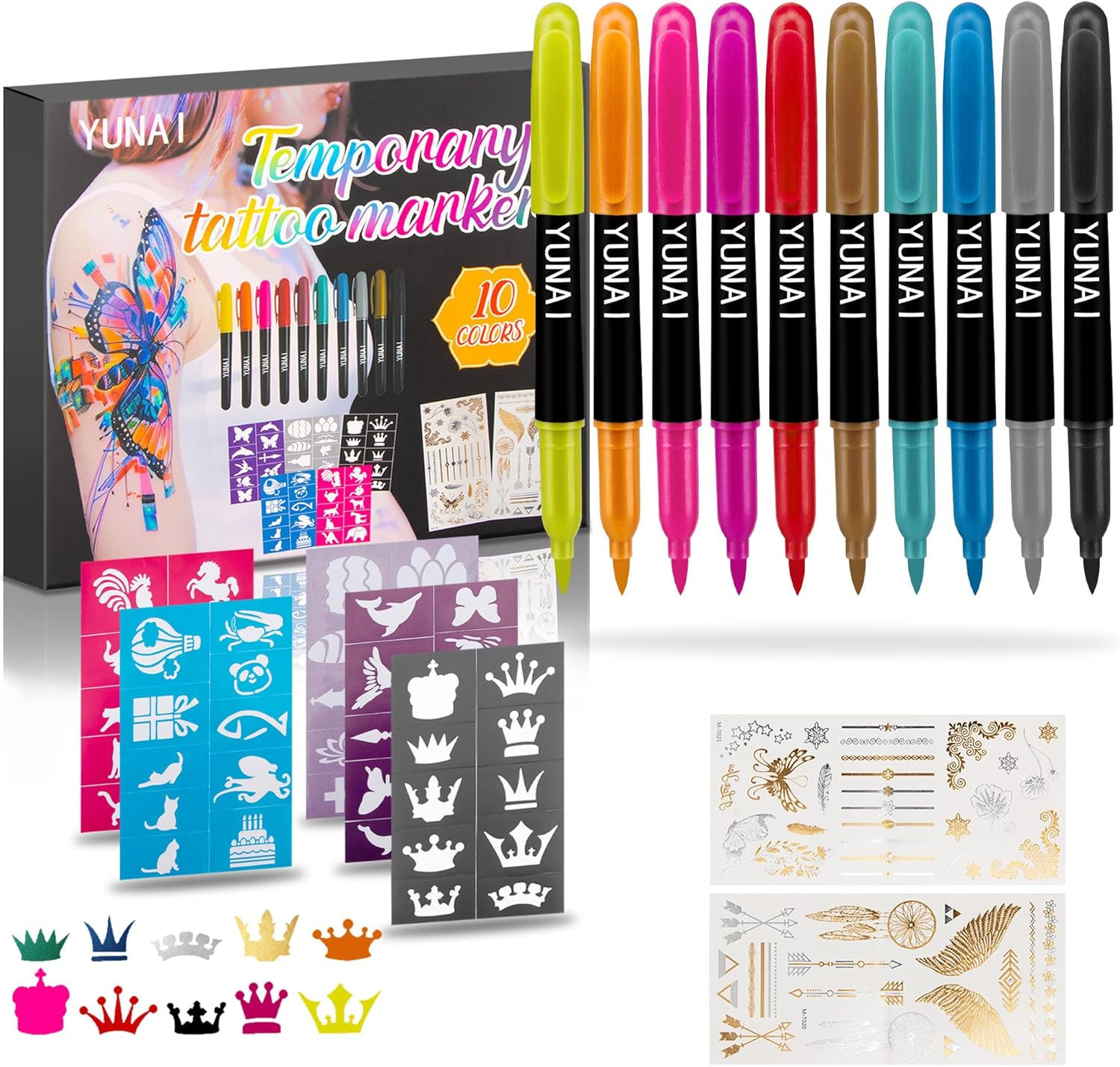 YUNAI Temporary Tattoos Markers for Skin, Tattoo Pen Kit with 10 Body Tattoos Pens 5 Tattoo Stencils 2 Tattoos Stickers for Adults, Fine Tip, Assorted Bright Colors image number 6
