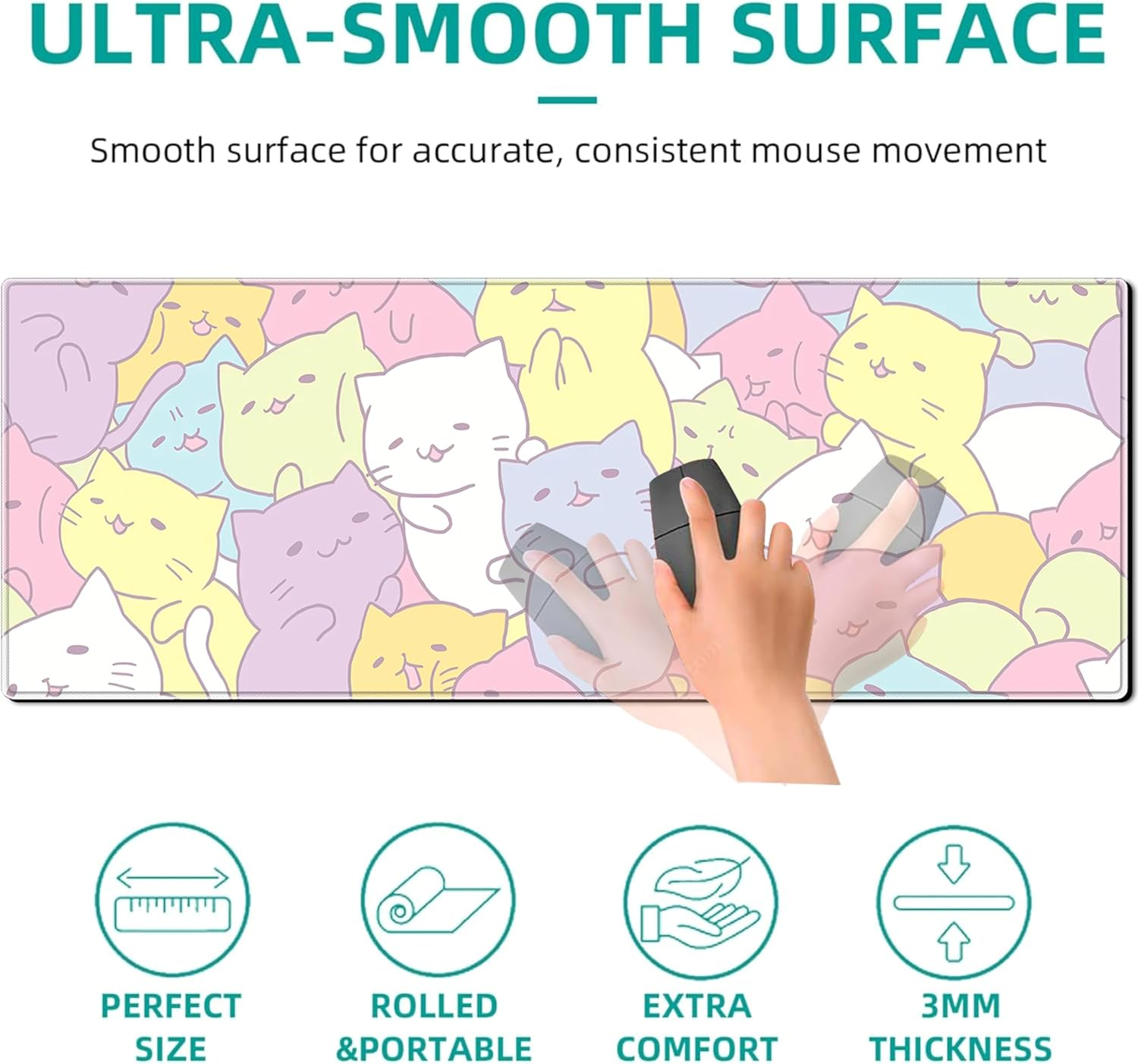 Anime Cute Cat Gaming Mouse Pad Colorful Large Desk Mat, 31.5X11.8 Inch Mousepad Extended Non-Slip Rubber Base Keyboard Mat with Stitched Edges for Desk Home Office - Black Cat3 image number 5