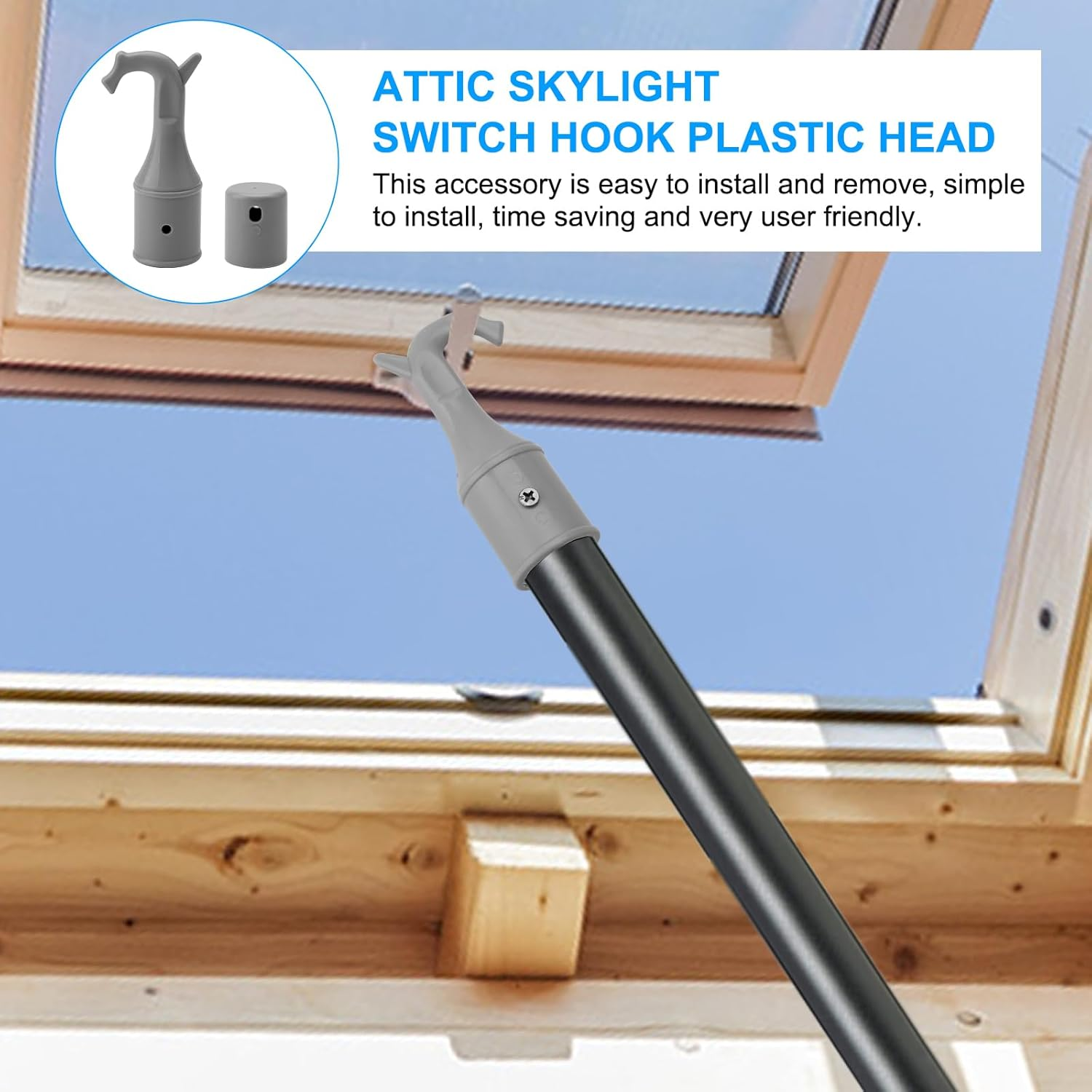 APOMOONS Pack of 2 Attic Hooks, Roof Window Stick Hooks with Non-Slip Base, Floor Stairs Replacement Parts for Window Opener Rod, Grey Pull Hooks for Floor Stairs (25 Mm) image number 1