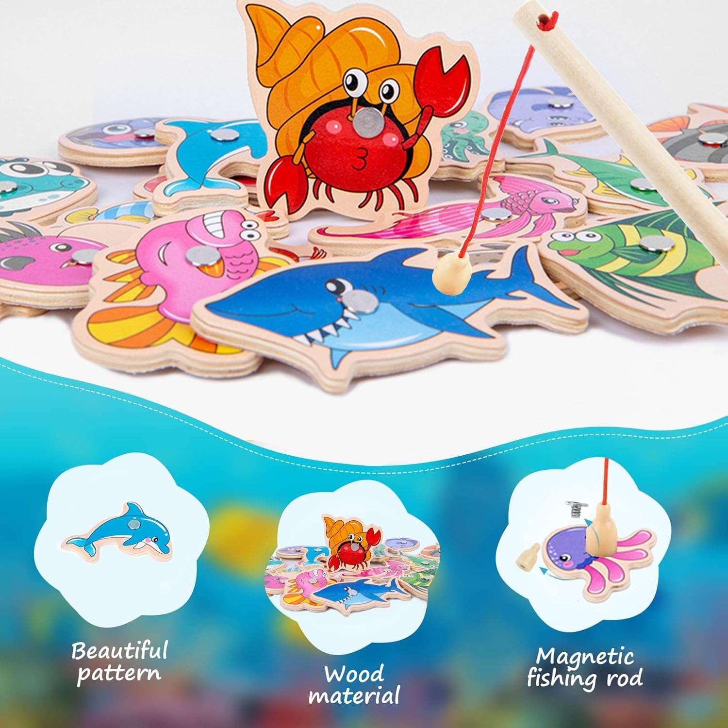44 Pieces Magnetic Fishing Game for Kids Wooden Magnet Fishing Game Wooden Magnetic Toys for Kindergarten Preschool Girl Boy image number 3