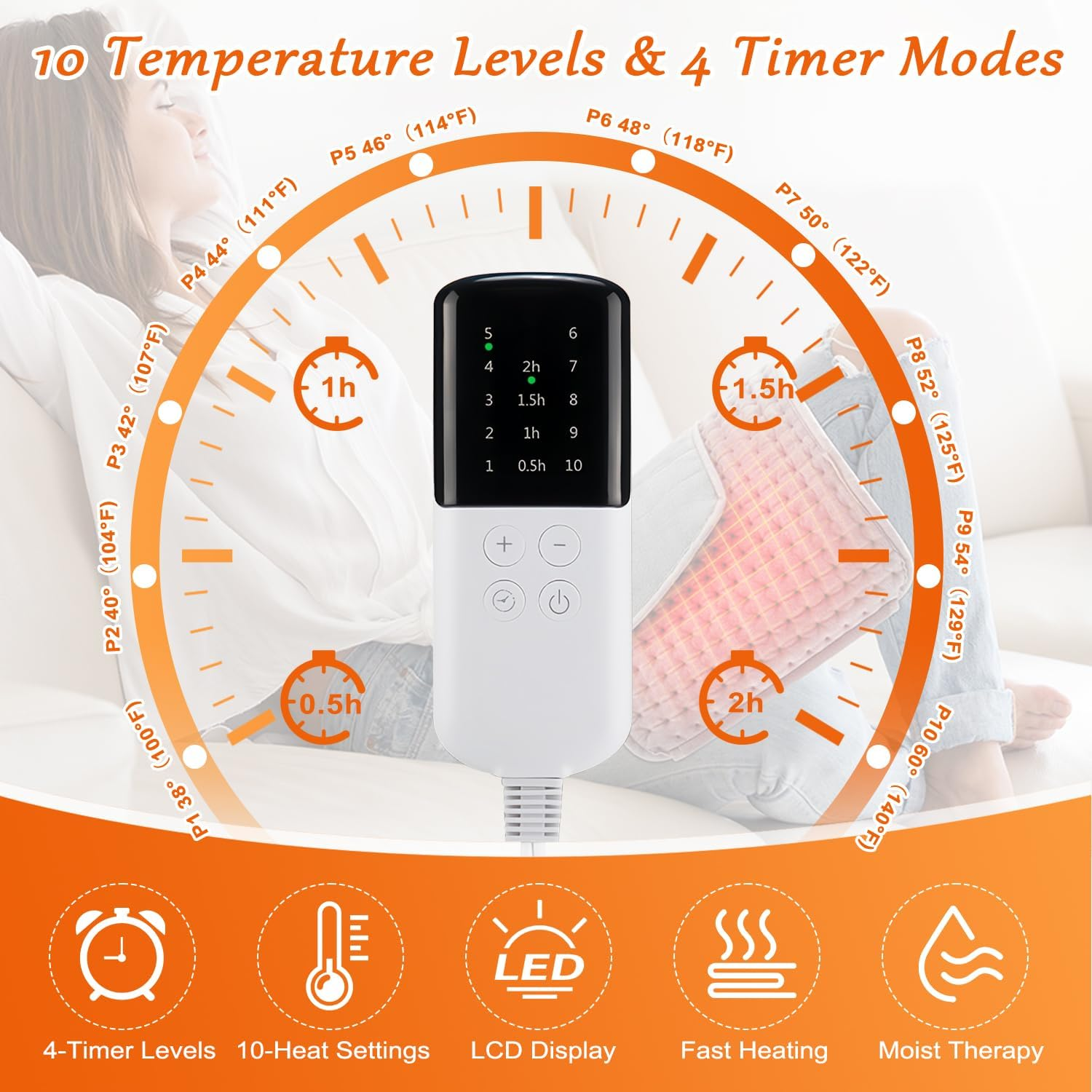 Necomi Heating Pad for Back Pain Relief, 30 X 125 Cm Fast Electric Heating Pad with 10 Heat Settings, 4 Timer Options, Soft Machine Washable Electric Heating Pad with Velcro & Pockets for Abdominal Neck & Shoulder Pain, Fast Heating image number 2