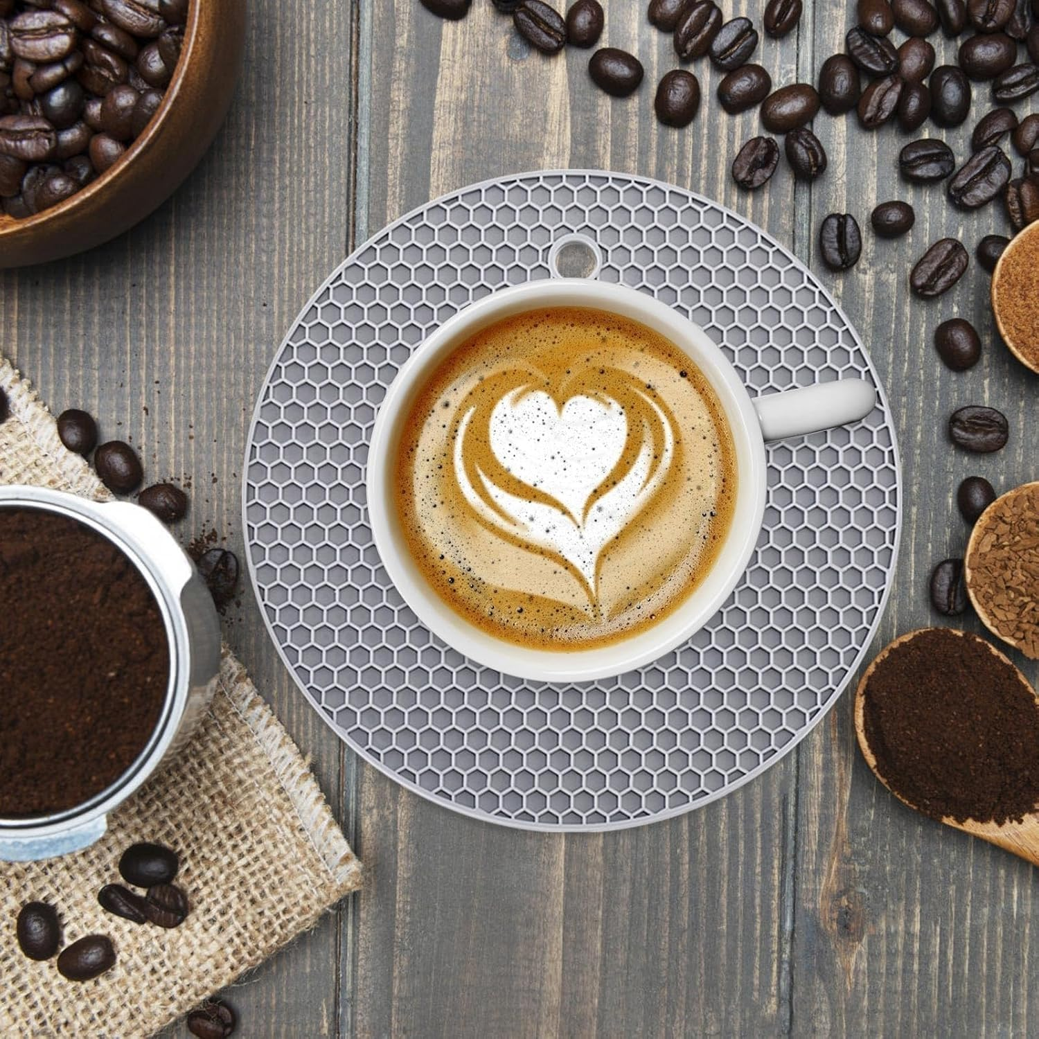 Premium Silicone Trivet Mat Set for Hot Pots & Pans &ndash; Black 4-Pack, Extra Thick 0.8Cm (18Cm Round), Heat Resistant Countertop & Table Protector, Multipurpose Non-Slip Hot Pads (Grey) image number 5