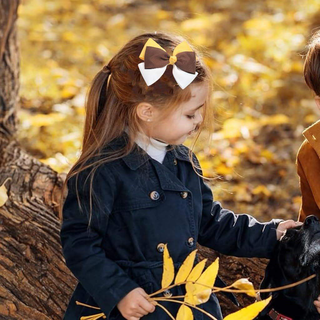 Happy Fall Ribbon Hair Bow Clips 3.5" for Girls, Cute Handmade Alligator Barrettes Hairpins Kids Thanksgiving Day Party Dress Outfit Decoration Accessories Gift（White，Yellow，Brown) image number 6