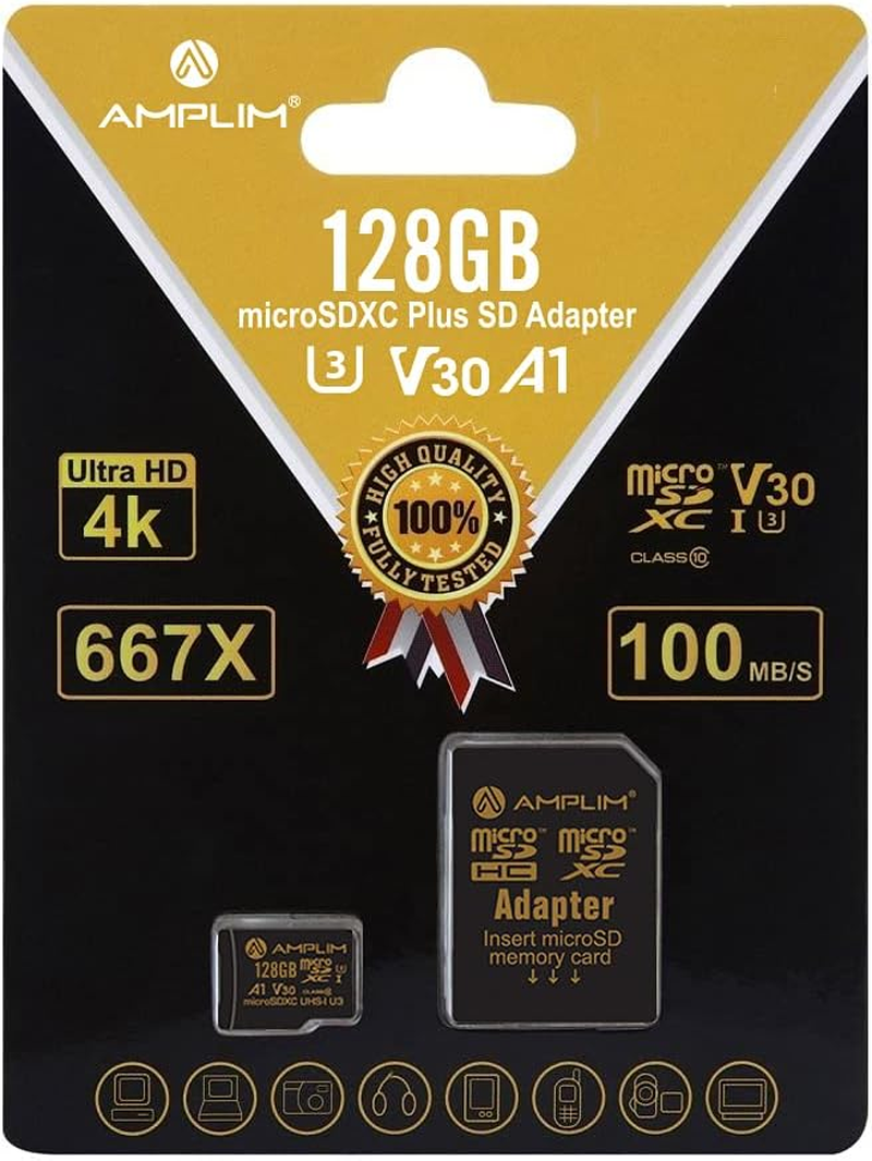 Amplim 128GB Micro SD SDXC V30 A1 Memory Card plus Adapter Pack (Class 10 U3 UHS-I Microsd XC Extreme Pro) 128 GB Ultra High Speed 667X 100Mb/S UHS-1 TF Microsdxc 4K Flash image number 5